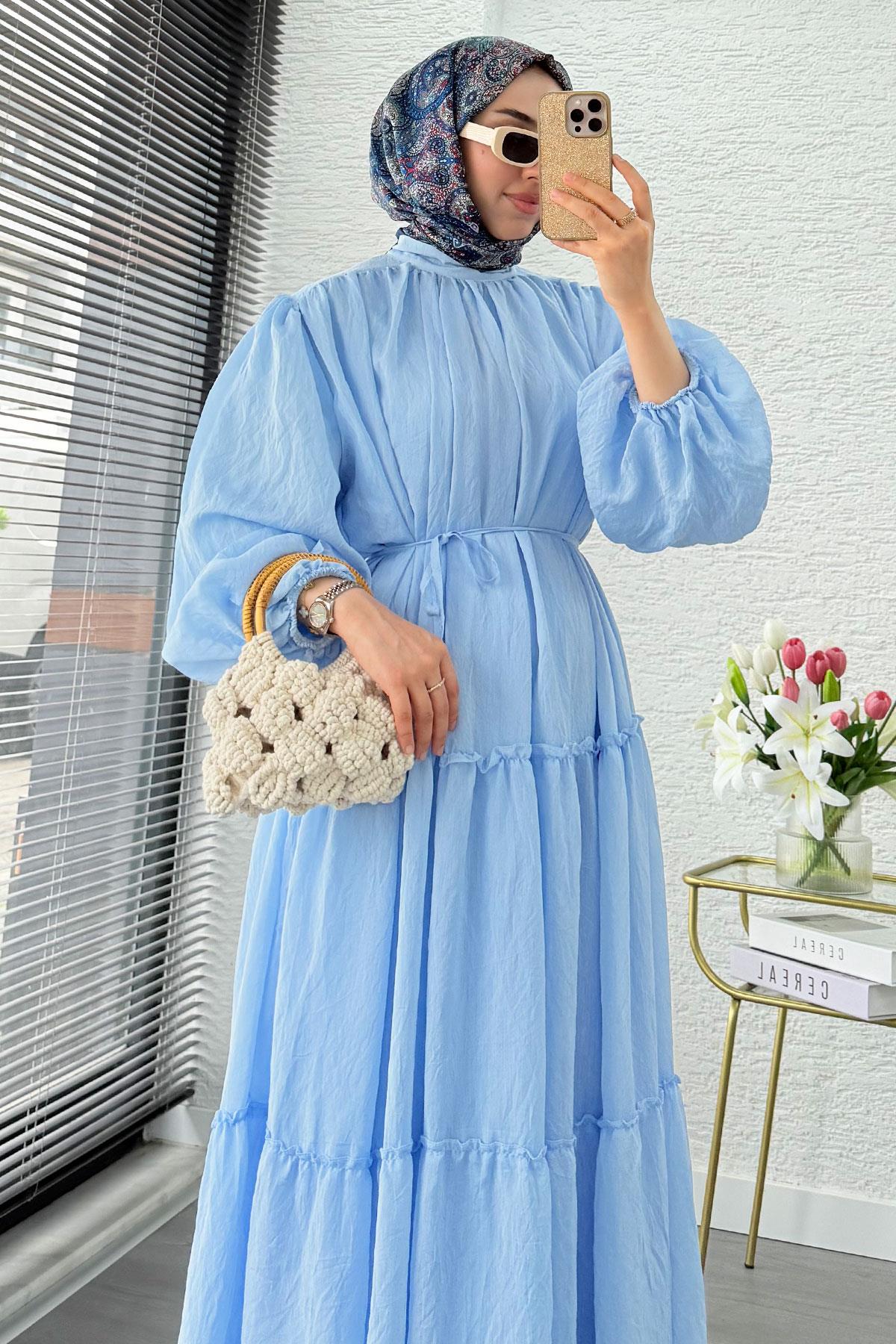 Premium Oversize Hakim Yaka Laya Vual Elbise - Mavi