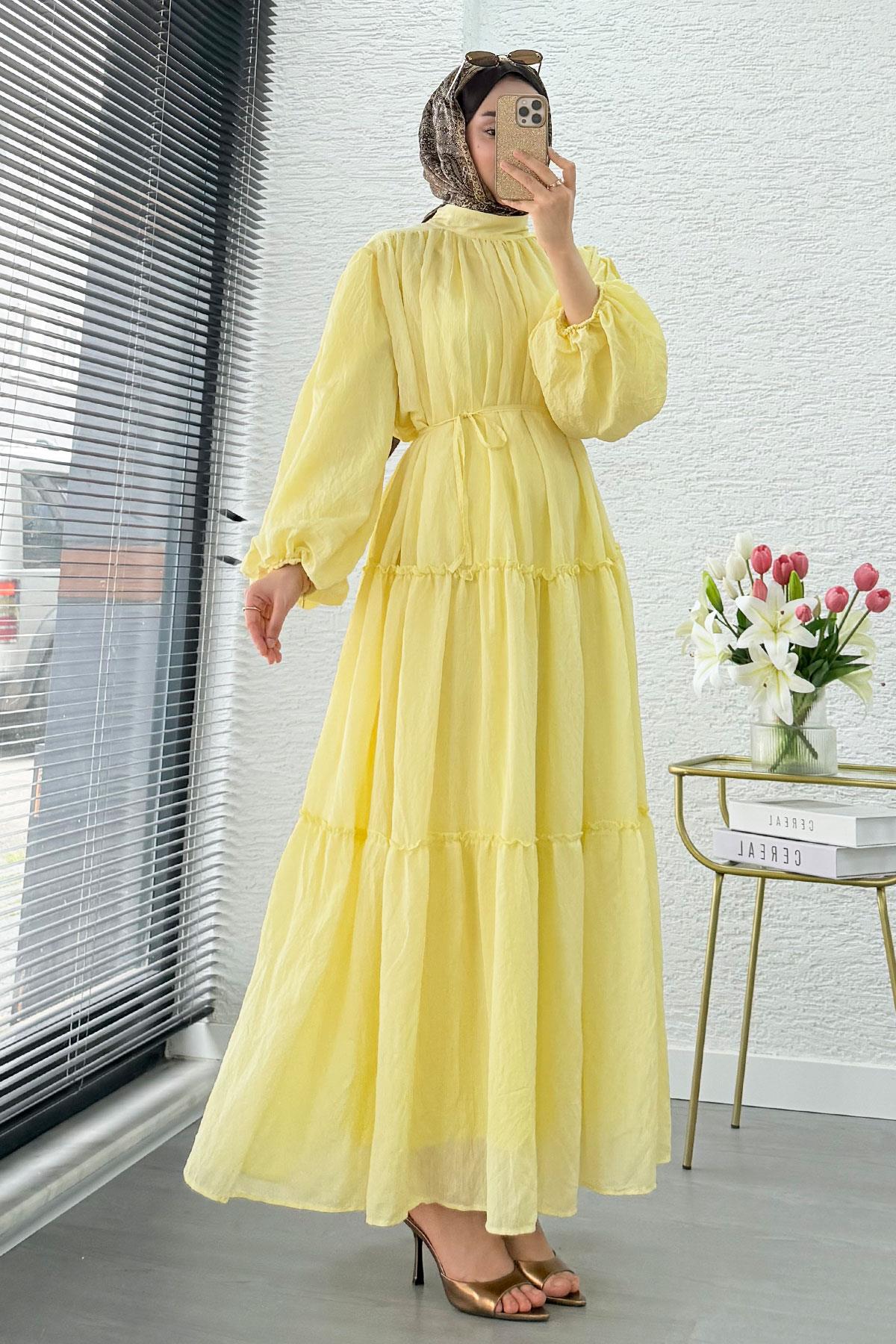 Premium Oversize Hakim Yaka Laya Vual Elbise - Sarı