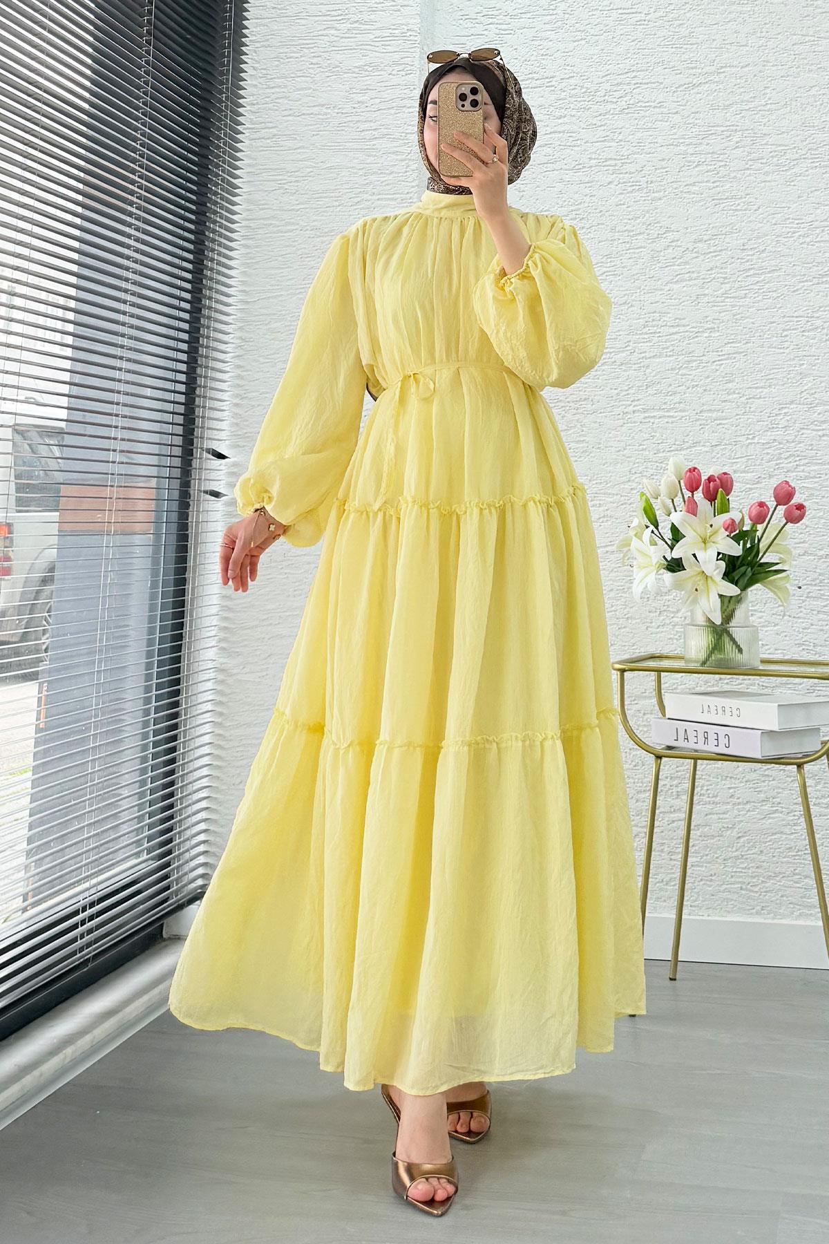Premium Oversize Hakim Yaka Laya Vual Elbise - Sarı