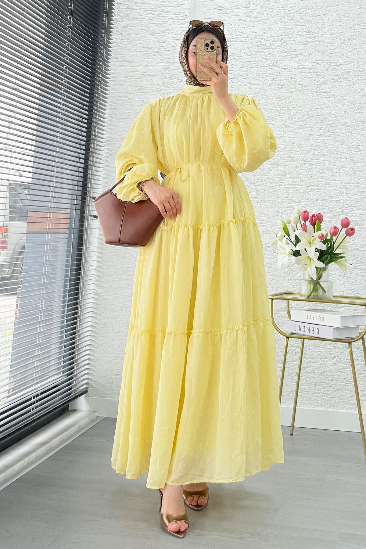 Premium Oversize Hakim Yaka Laya Vual Elbise - Sarı