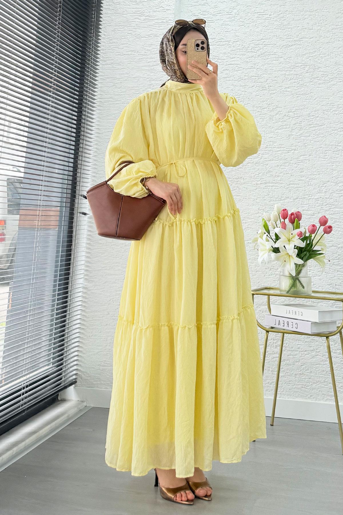 Premium Oversize Hakim Yaka Laya Vual Elbise - Sarı