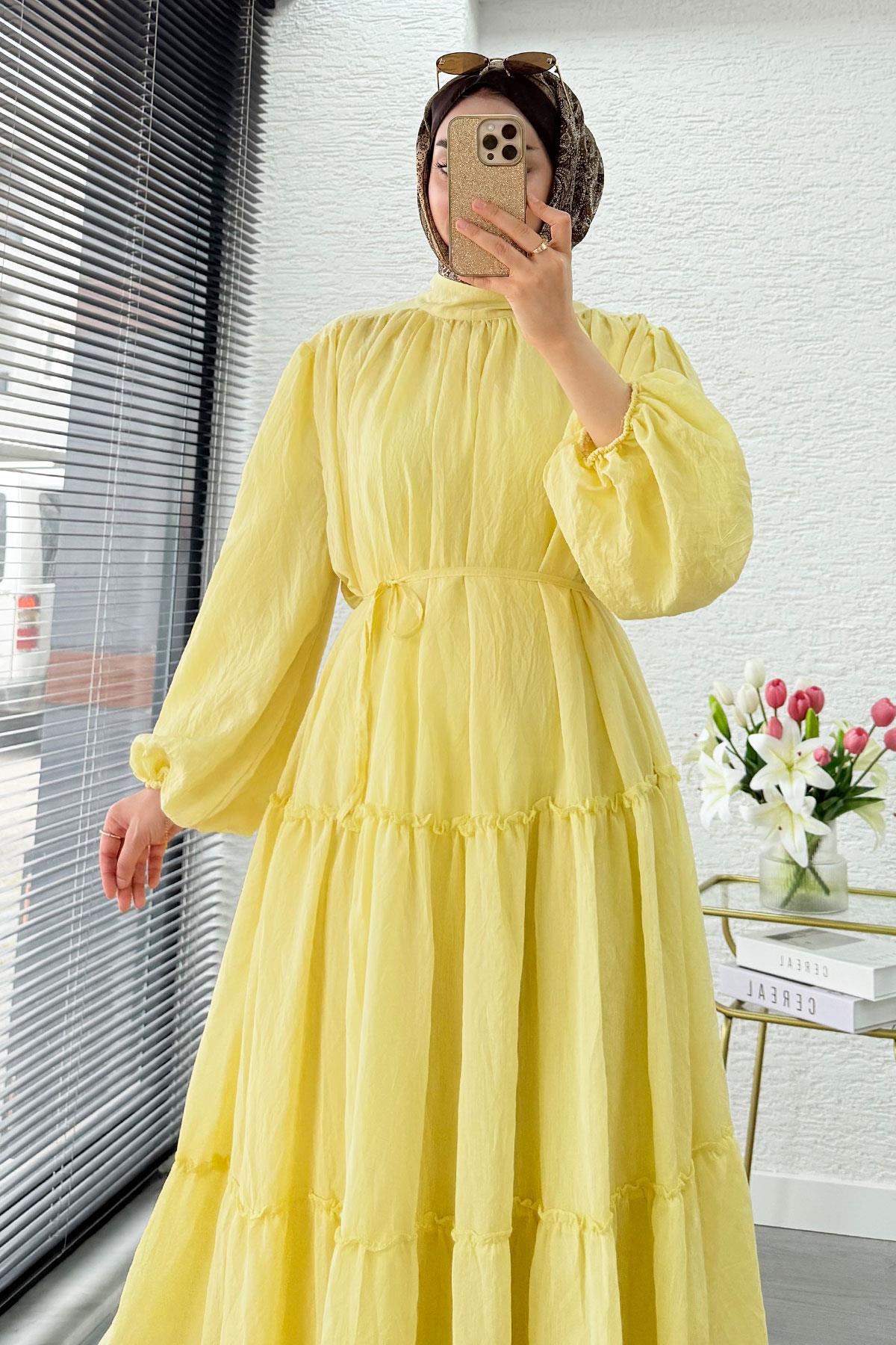 Premium Oversize Hakim Yaka Laya Vual Elbise - Sarı