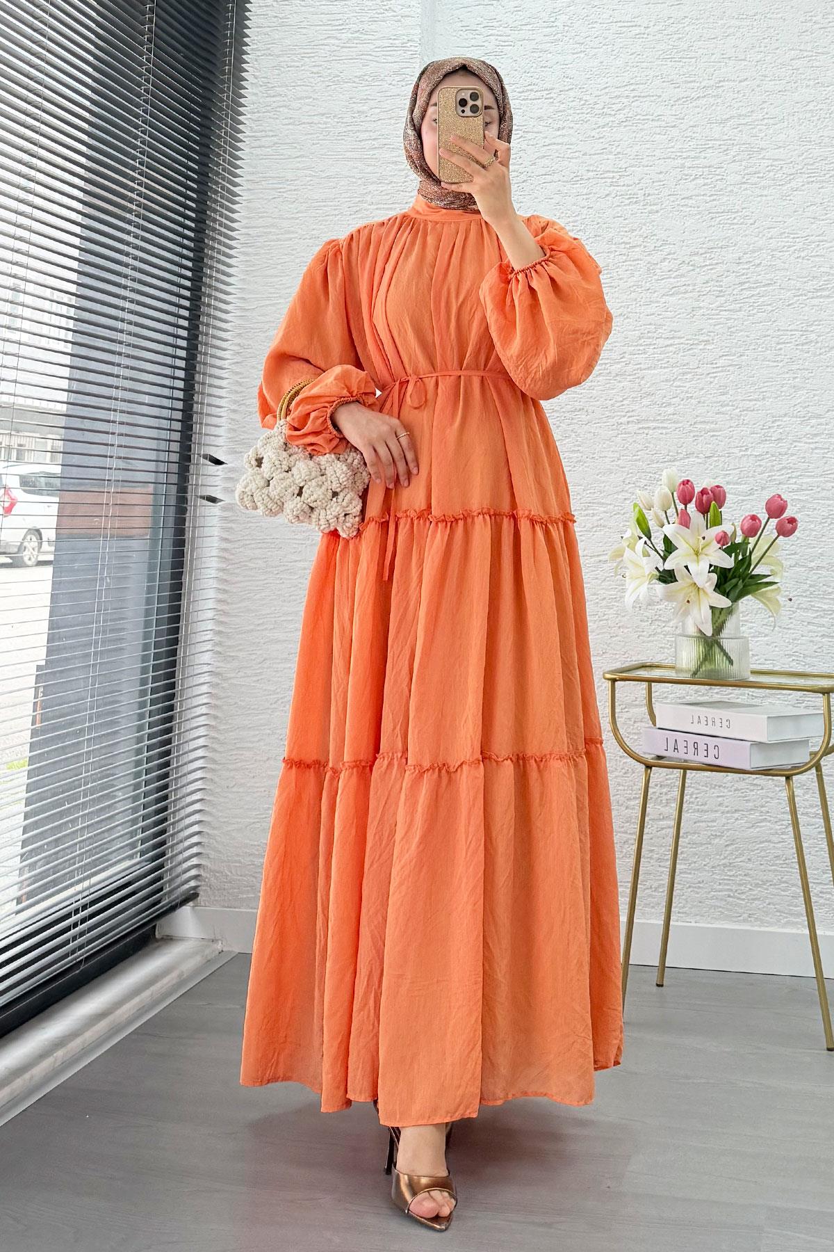 Premium Oversize Hakim Yaka Laya Vual Elbise - Turuncu