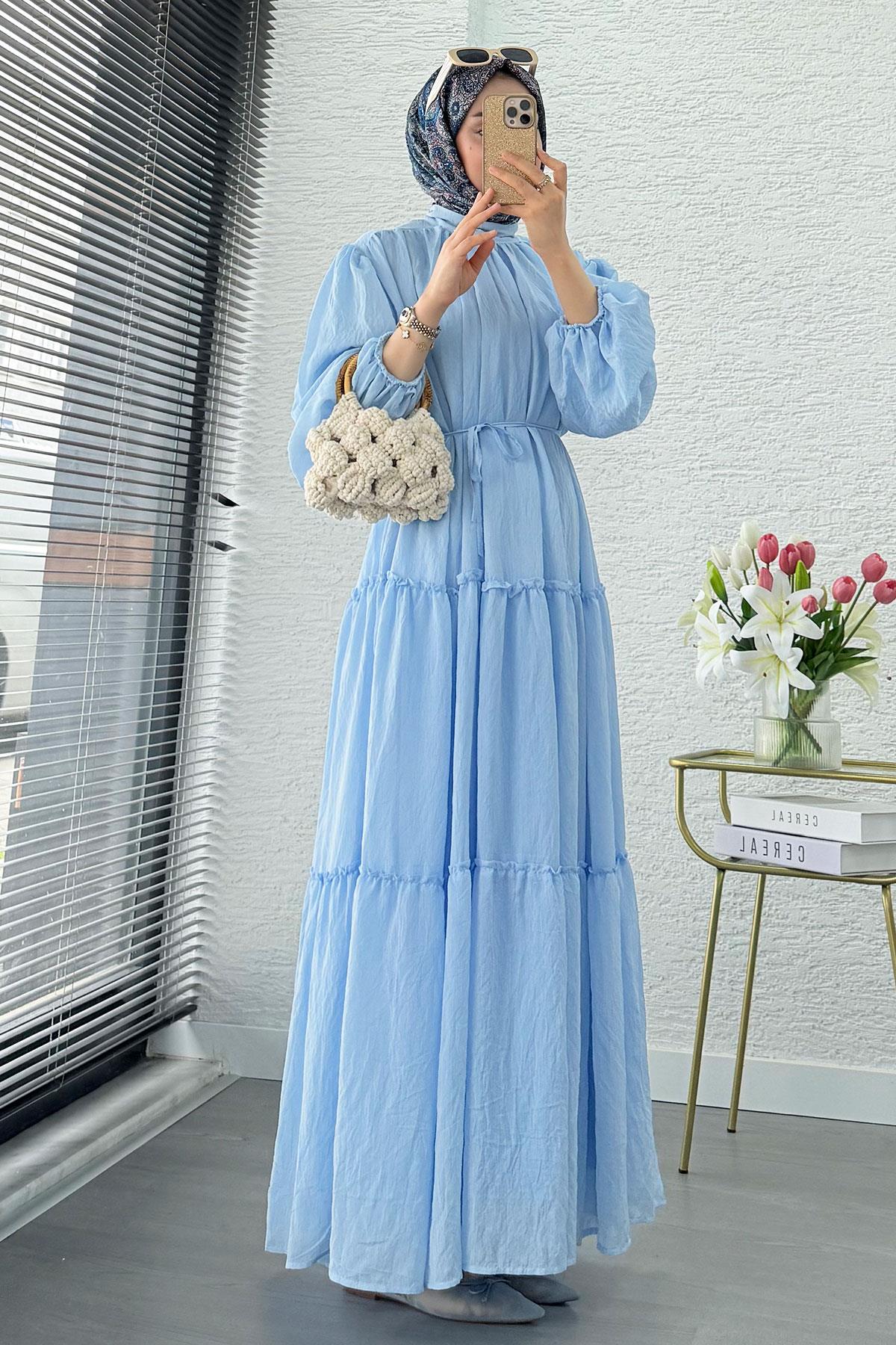 Premium Oversize Hakim Yaka Laya Vual Elbise - Mavi