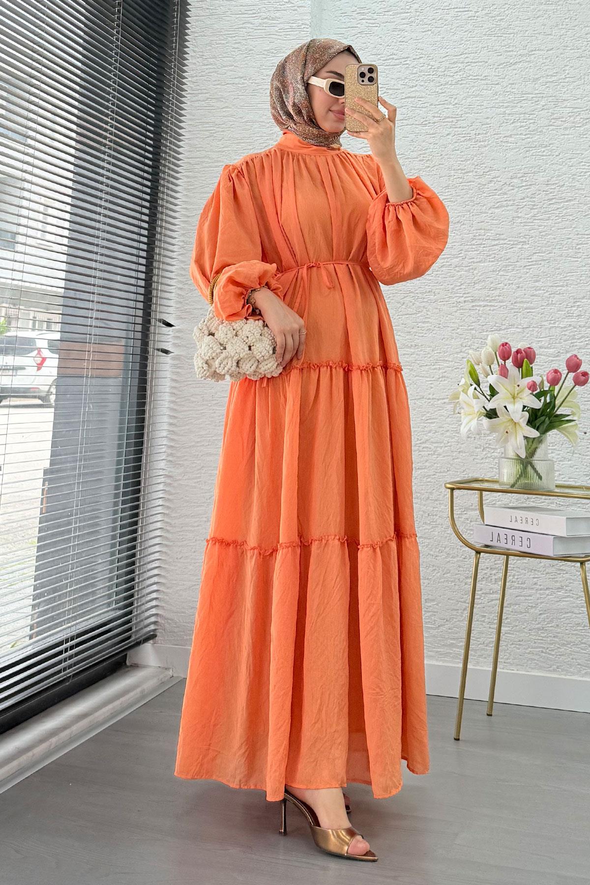 Premium Oversize Hakim Yaka Laya Vual Elbise - Turuncu