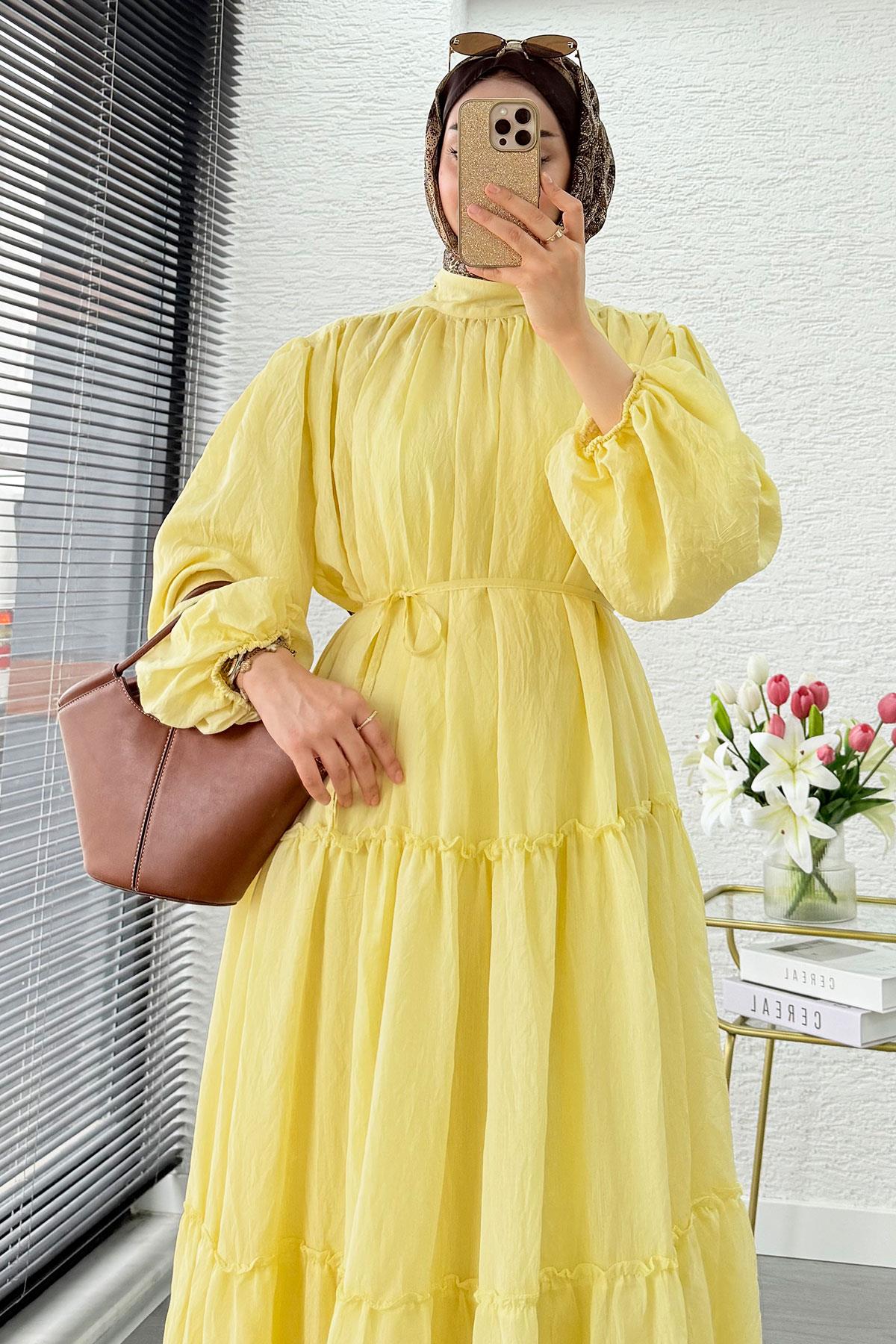 Premium Oversize Hakim Yaka Laya Vual Elbise - Sarı