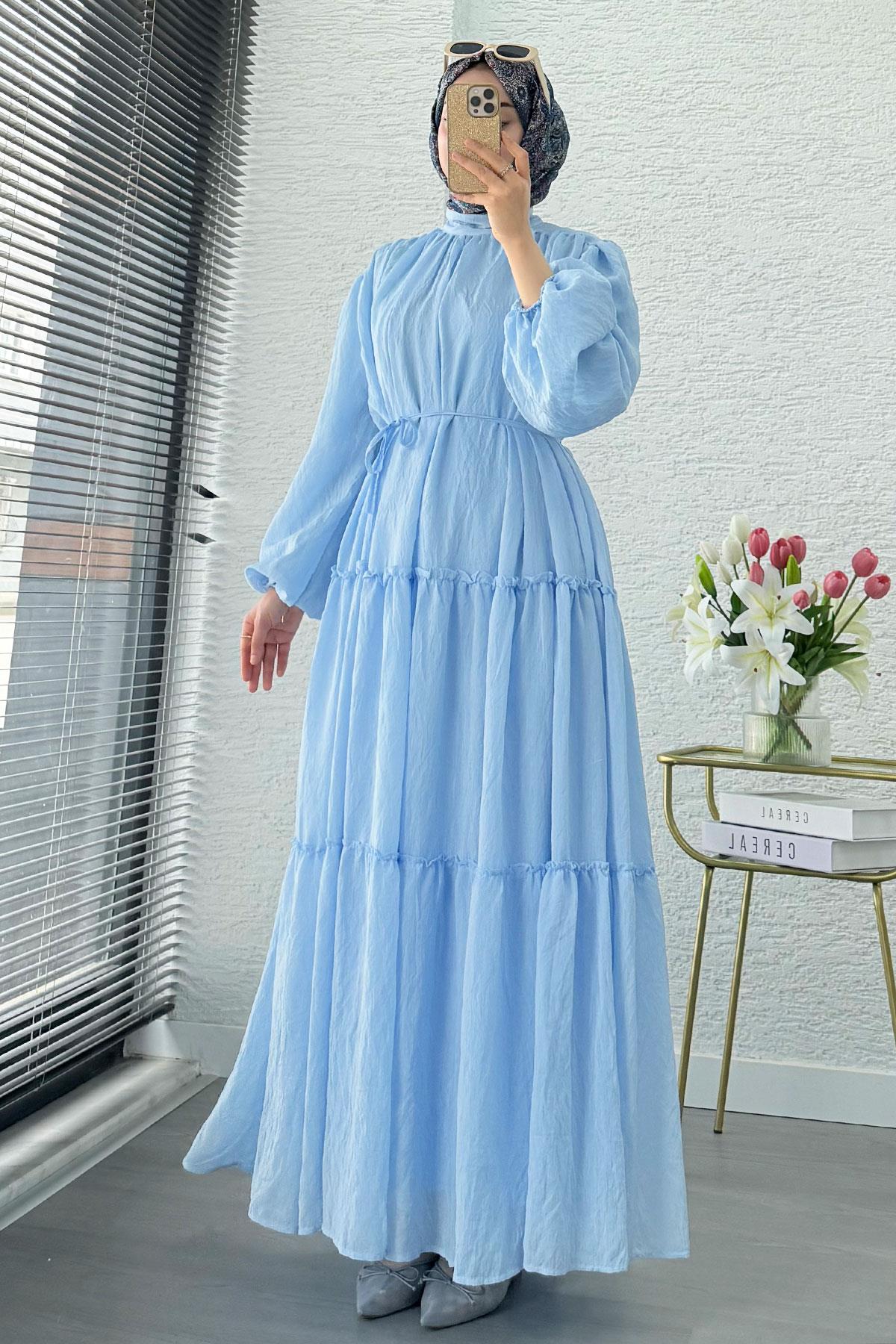 Premium Oversize Hakim Yaka Laya Vual Elbise - Mavi