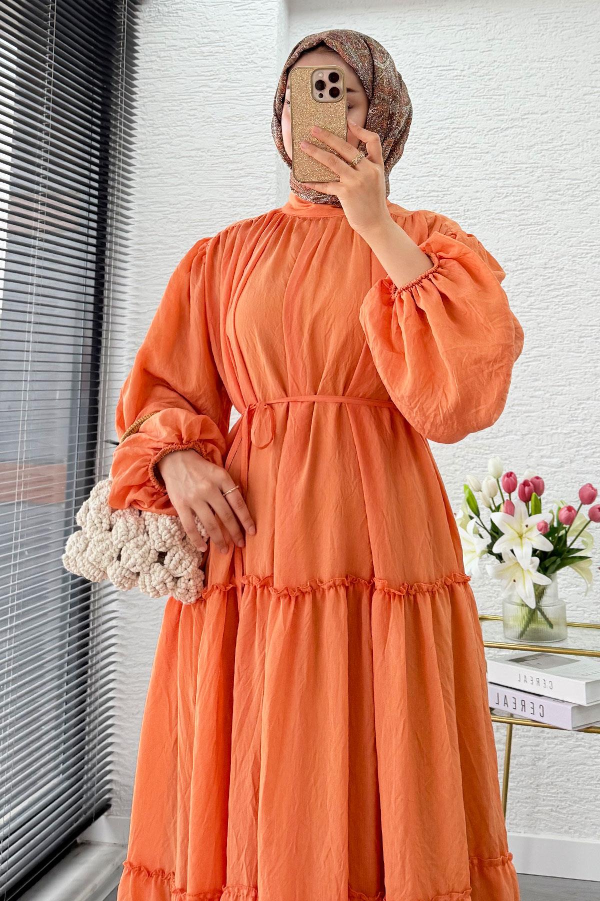 Premium Oversize Hakim Yaka Laya Vual Elbise - Turuncu