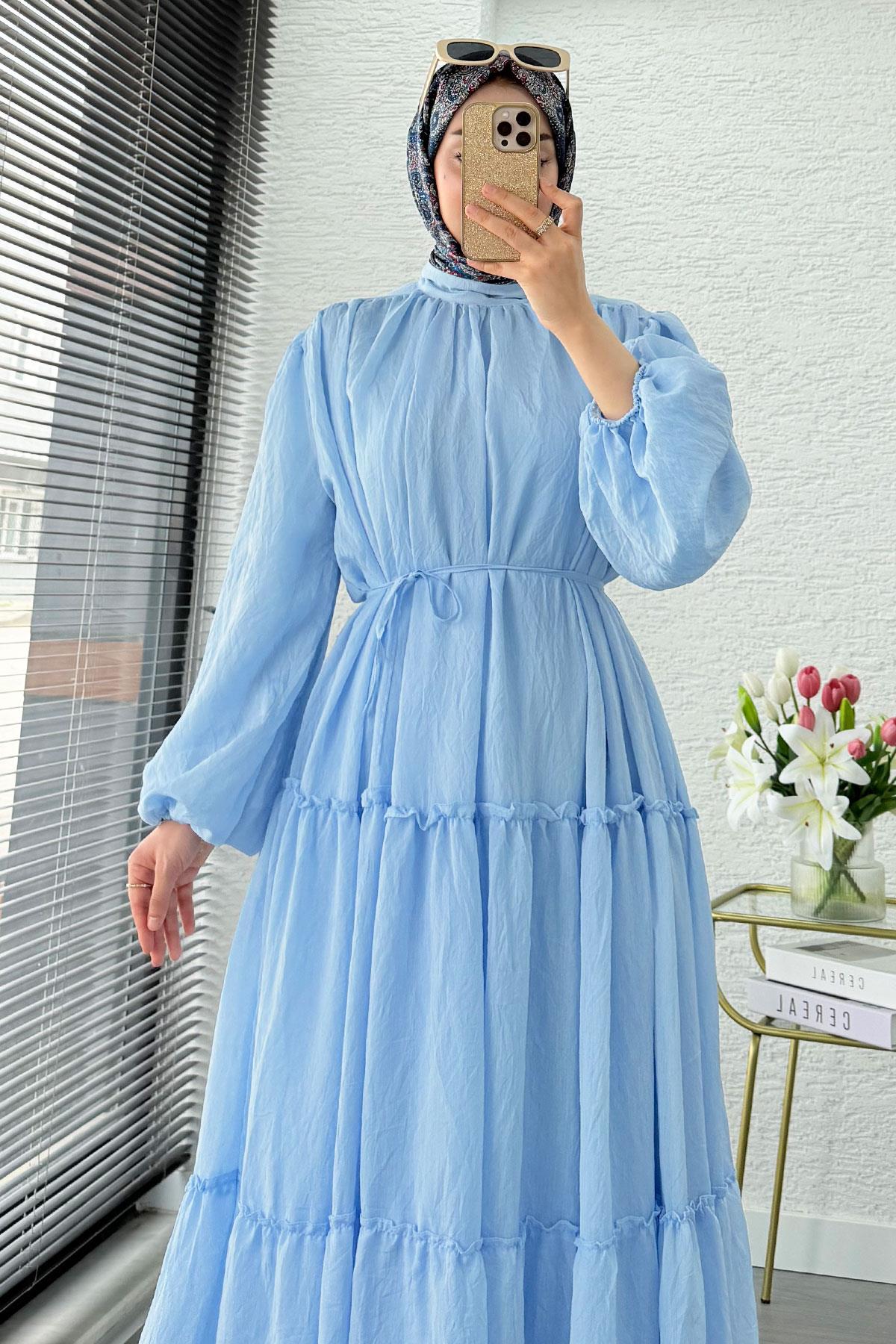 Premium Oversize Hakim Yaka Laya Vual Elbise - Mavi
