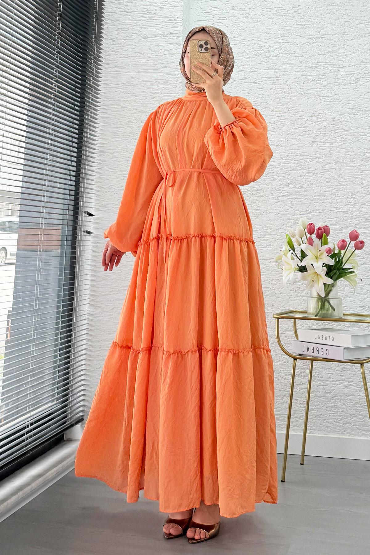 Premium Oversize Hakim Yaka Laya Vual Elbise - Turuncu