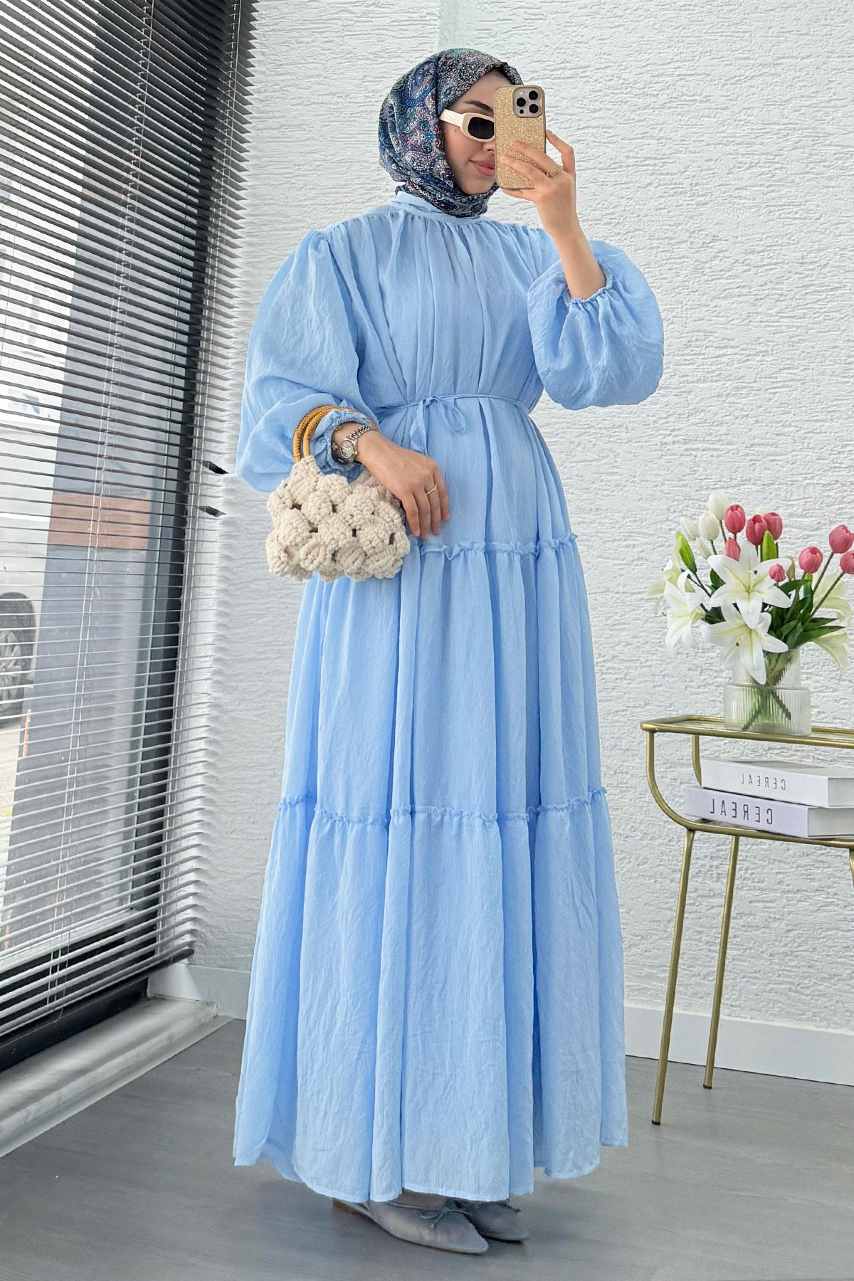 Premium Oversize Hakim Yaka Laya Vual Elbise - Mavi