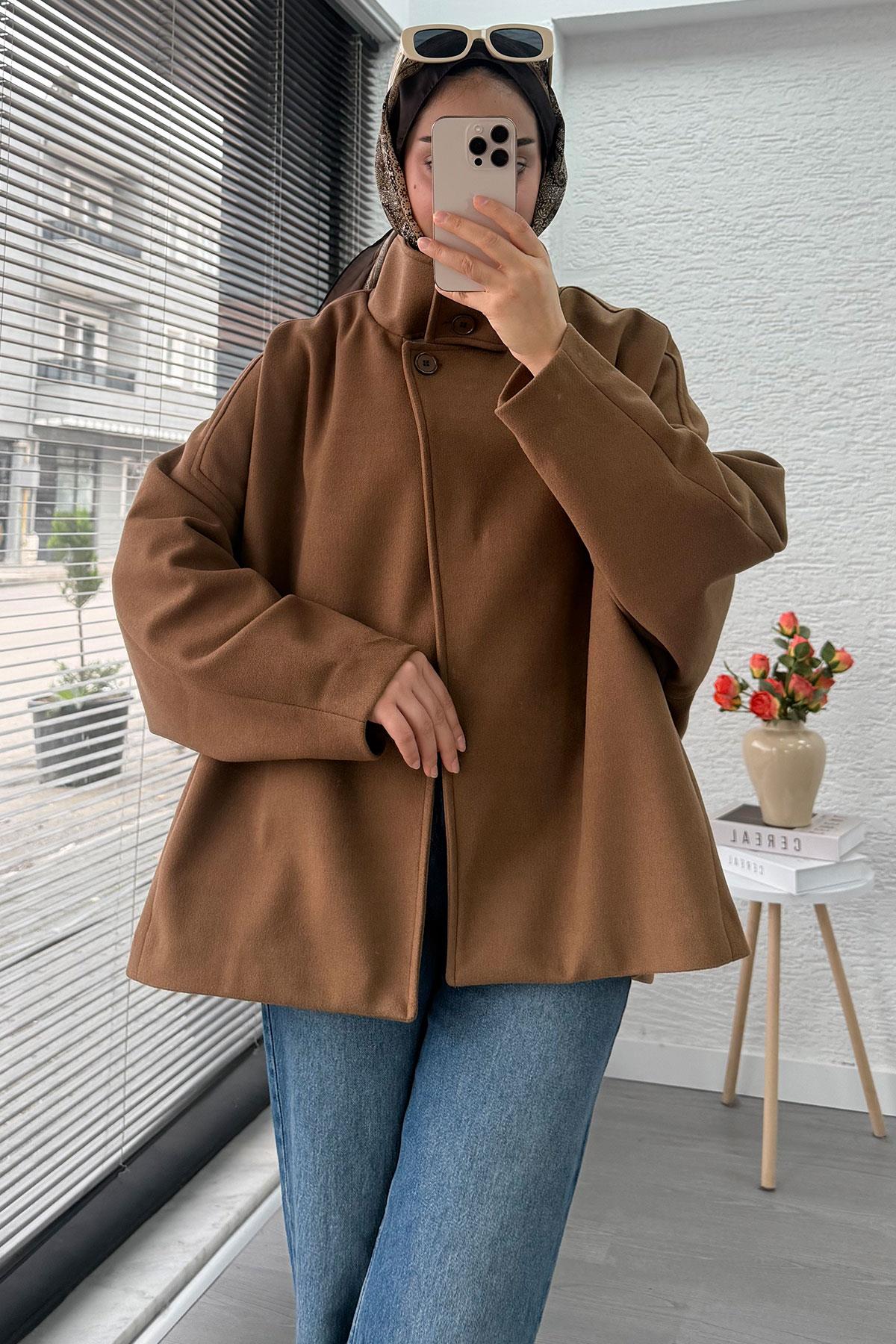 Premium Oversize Kaşe Panço Kaban - Taba