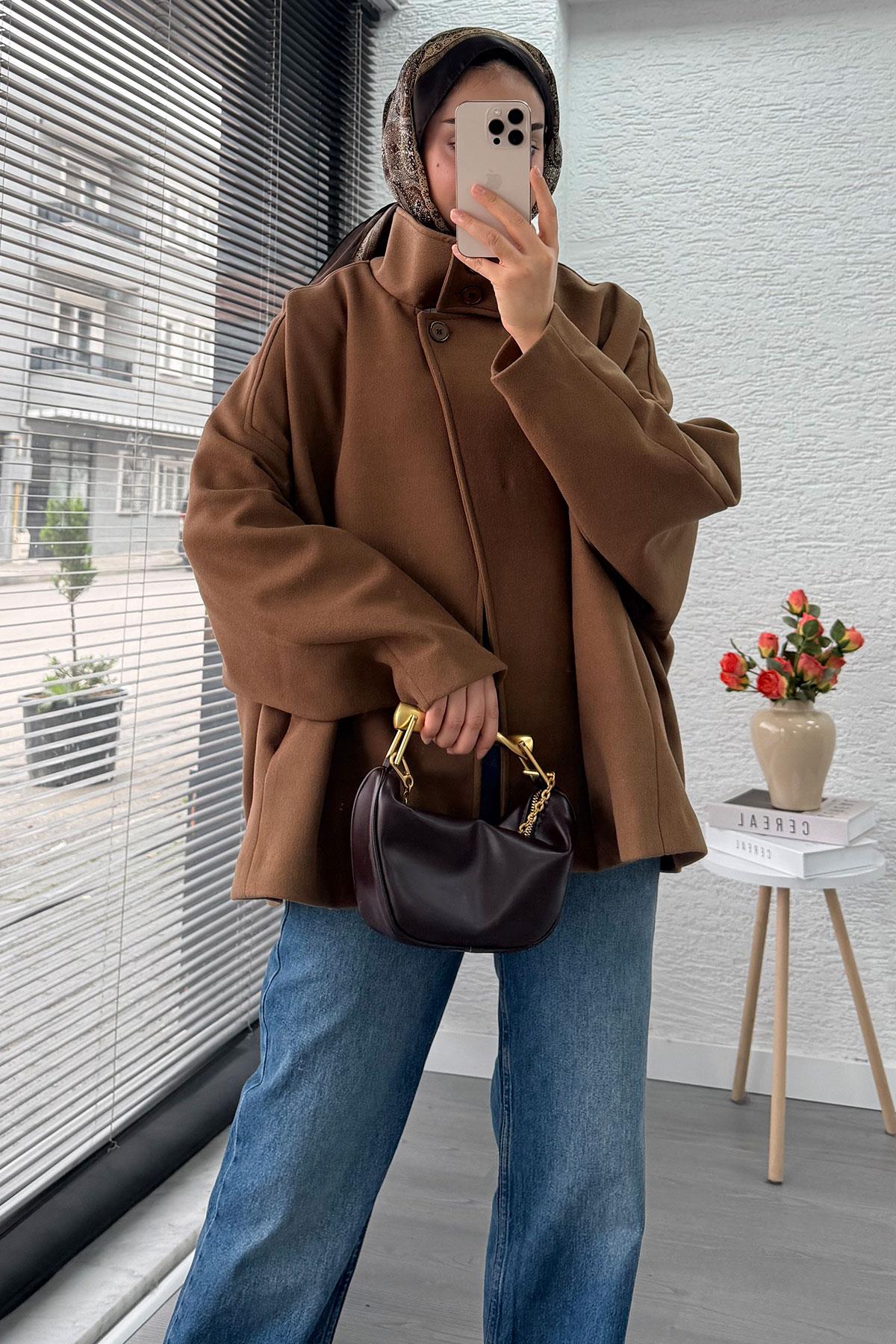Premium Oversize Kaşe Panço Kaban - Taba
