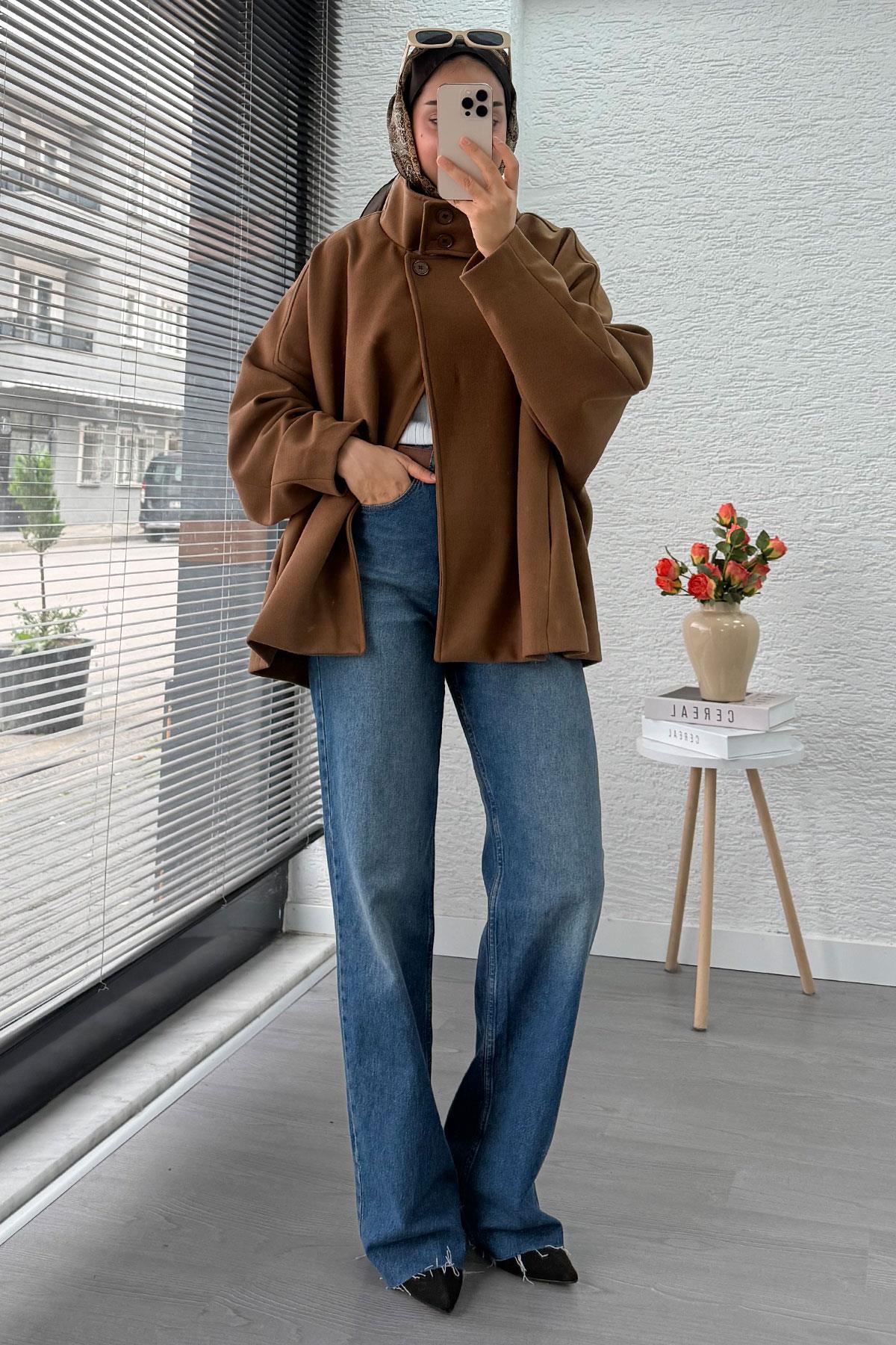 Premium Oversize Kaşe Panço Kaban - Taba