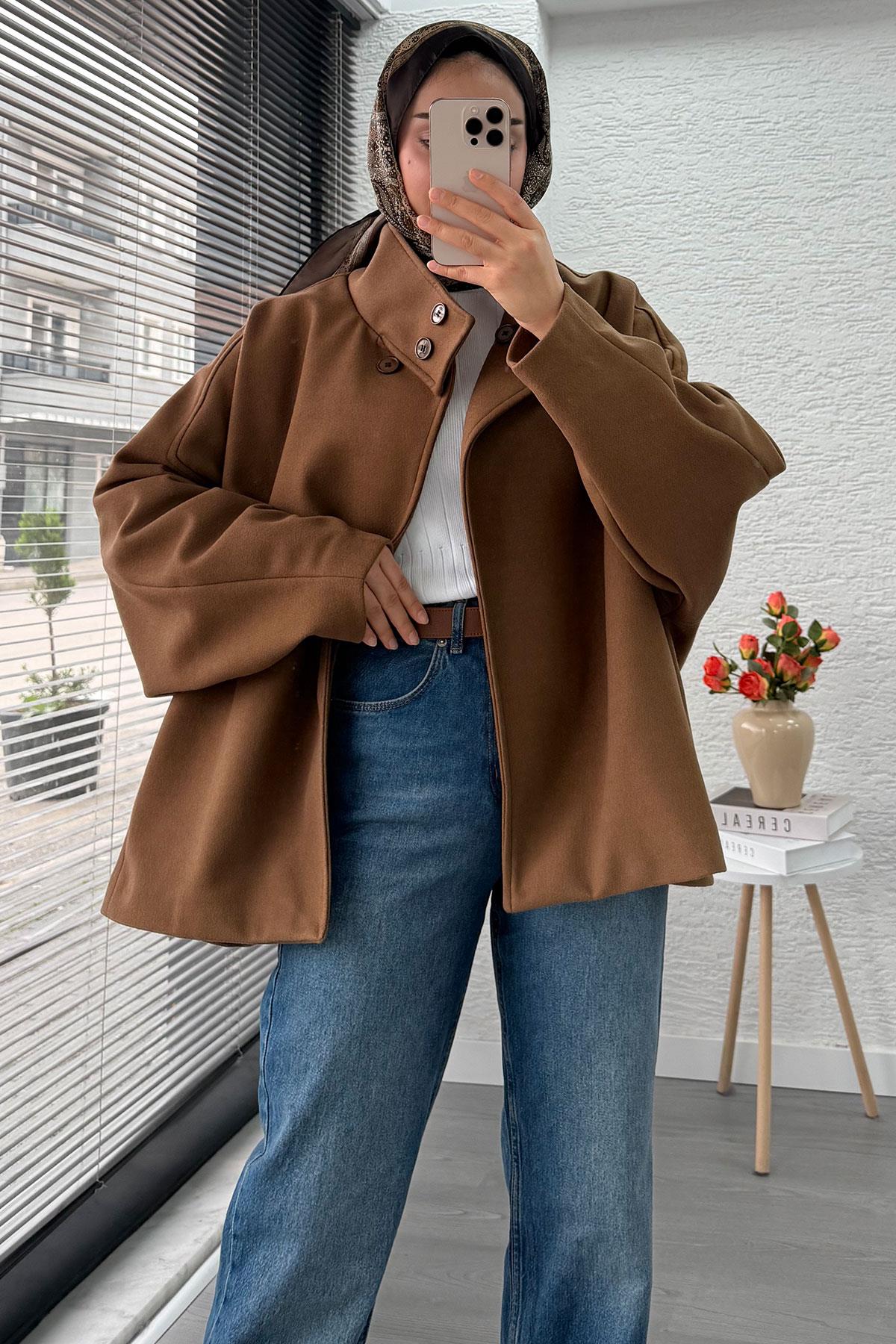 Premium Oversize Kaşe Panço Kaban - Taba