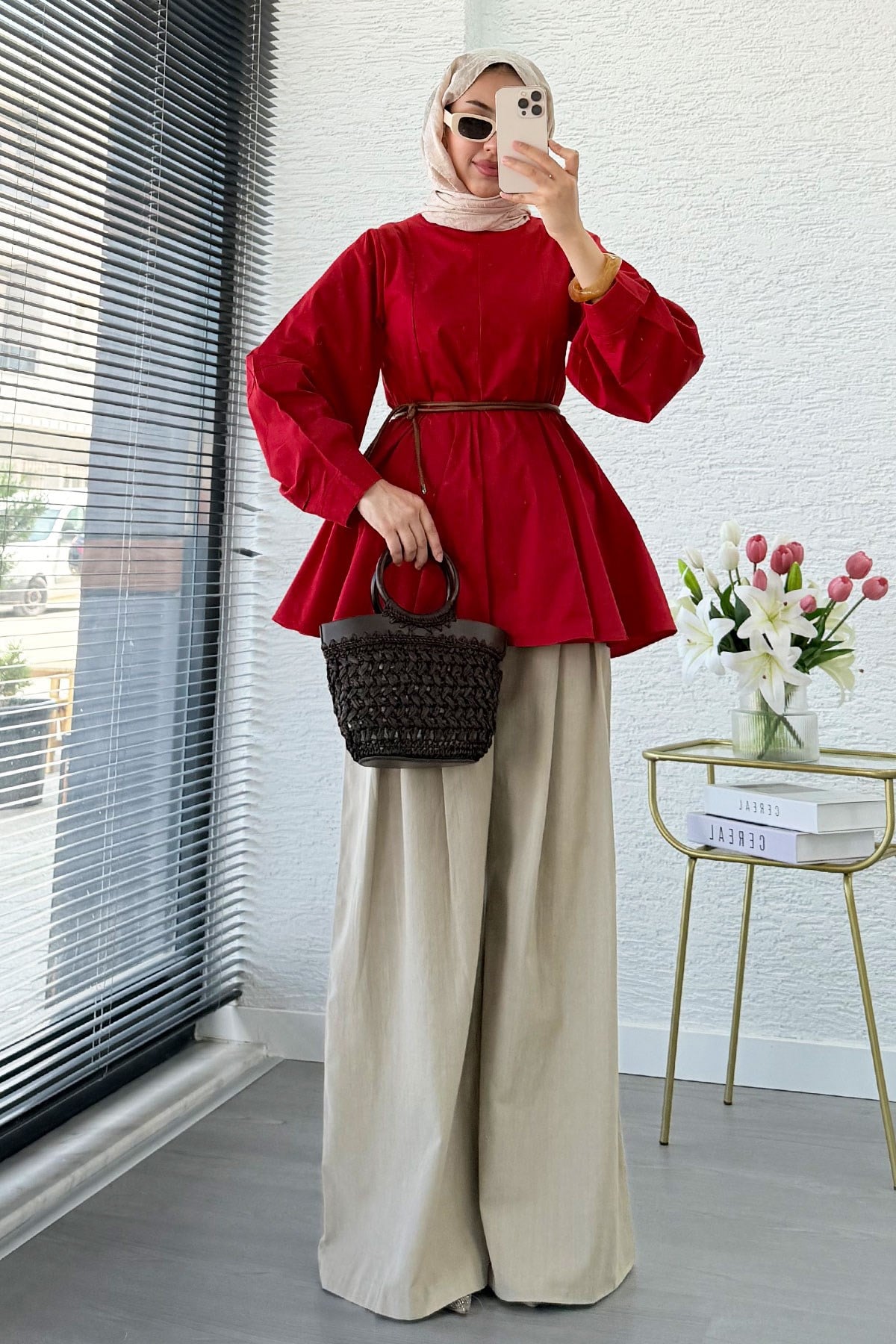 Premium Parçalı Volan Balon Kol Poplin Bluz - Kırmızı