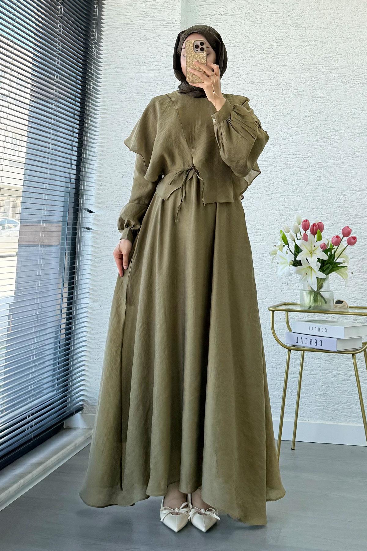 Premium Pelerin Detay Elina Vual Elbise – Haki
