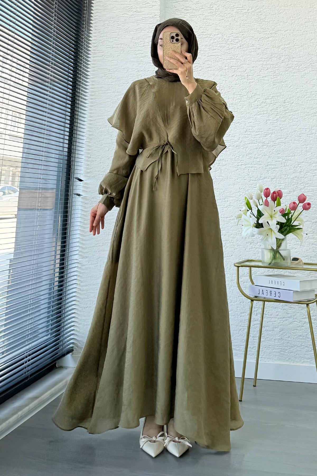 Premium Pelerin Detay Elina Vual Elbise – Haki