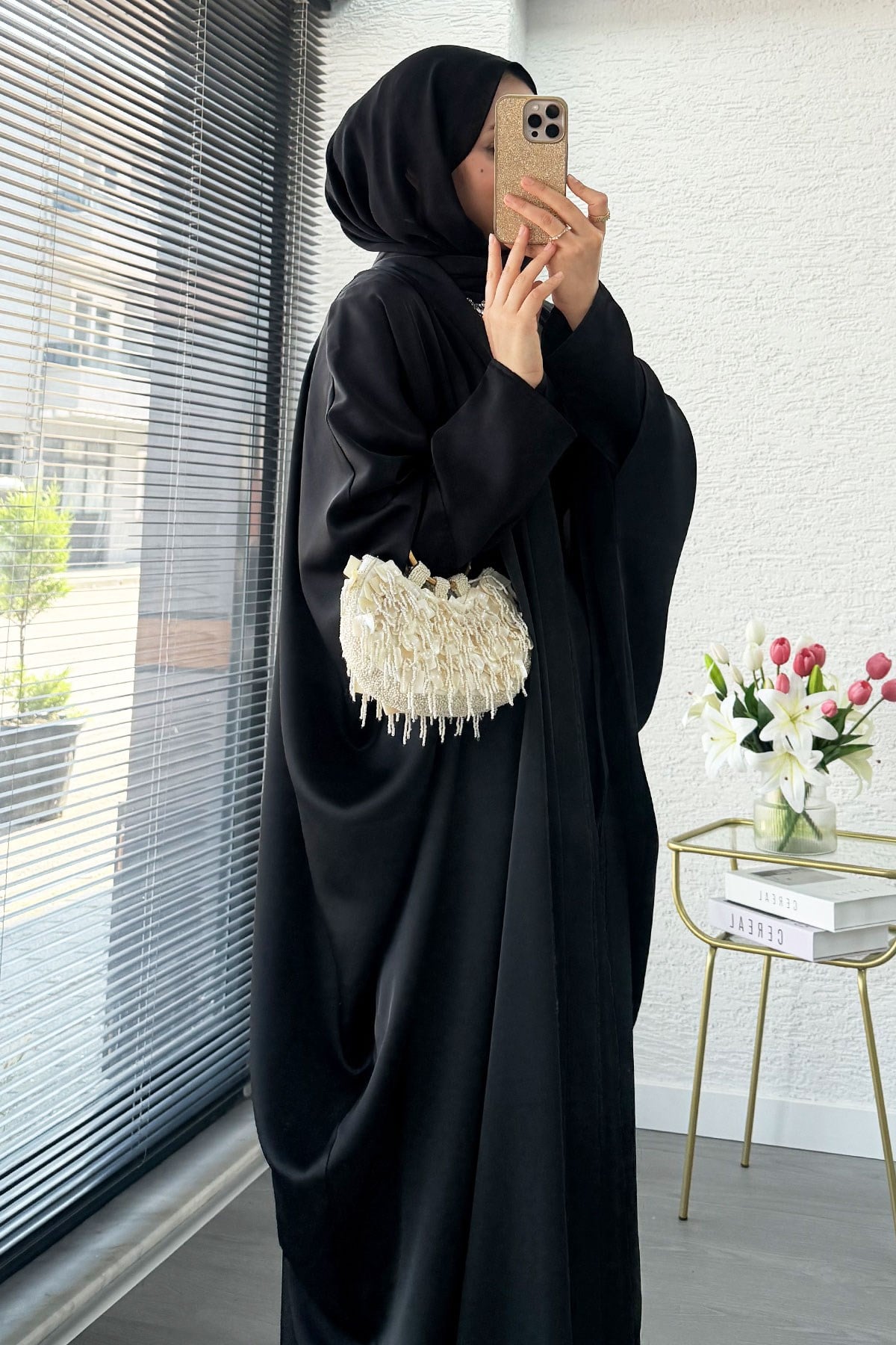Premium Taş İşlemeli Kum Saten Abaya Takım - Siyah