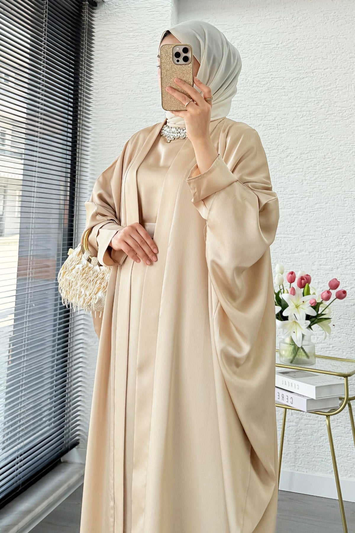 Premium Taş İşlemeli Kum Saten Abaya Takım - Bej