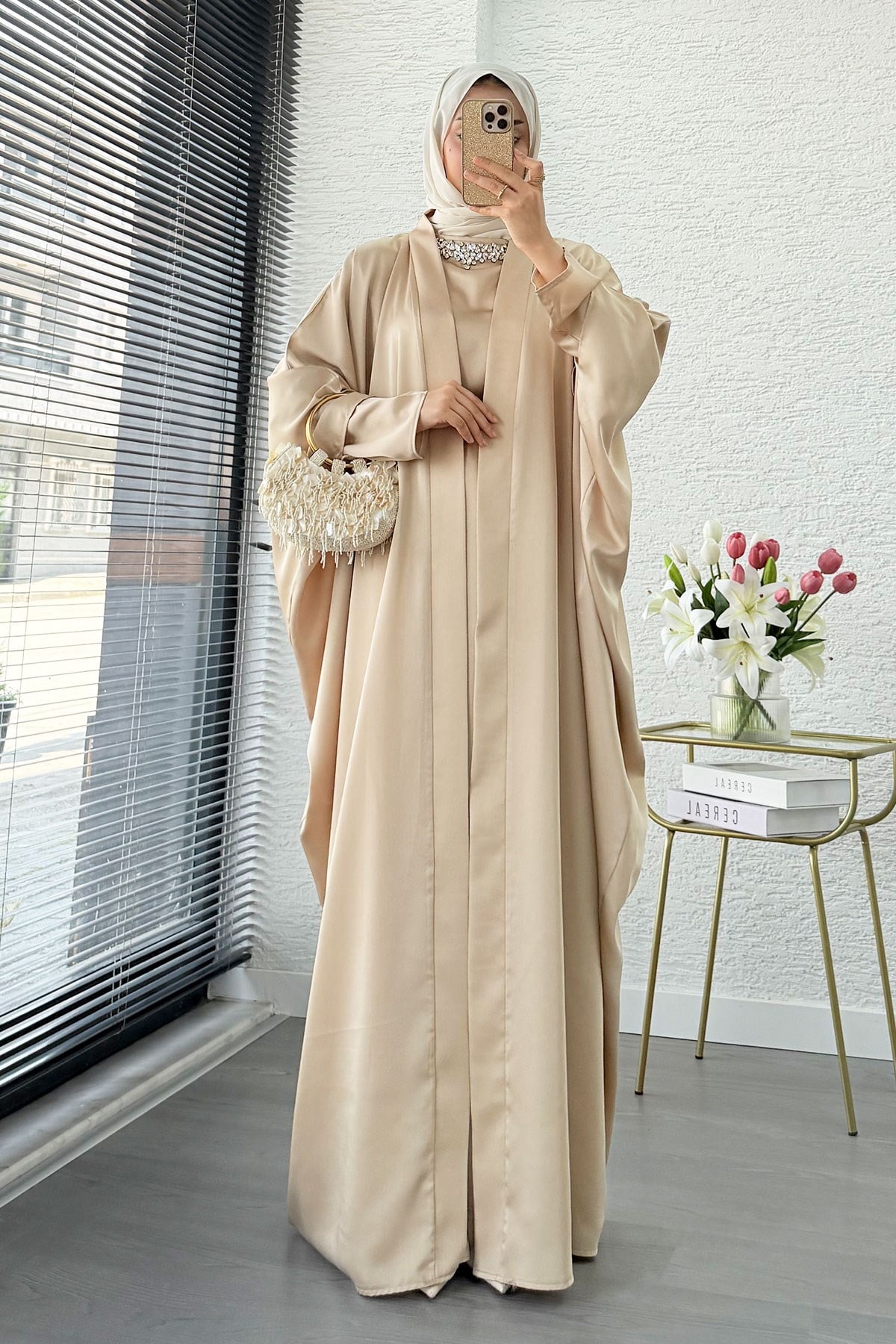 Premium Taş İşlemeli Kum Saten Abaya Takım - Bej