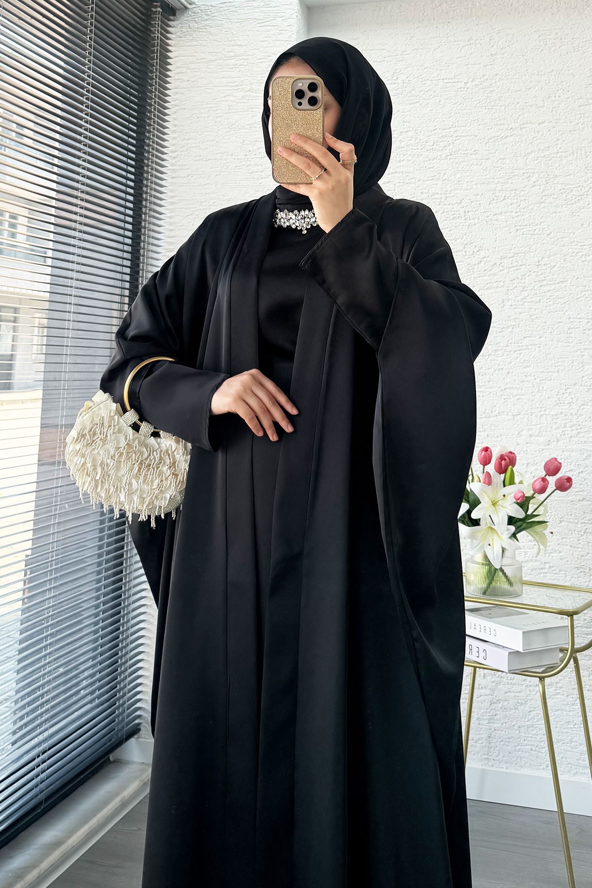 Premium Taş İşlemeli Kum Saten Abaya Takım - Siyah