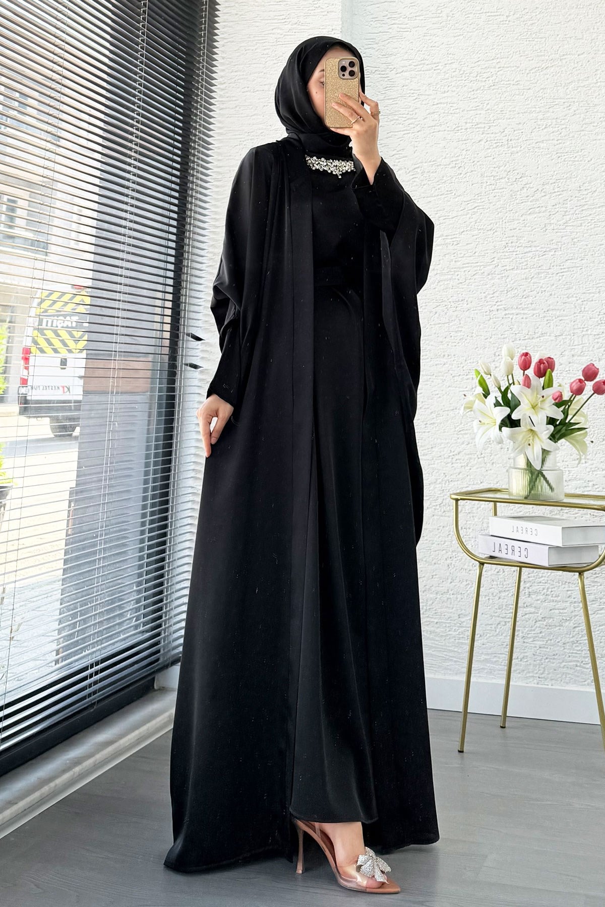 Premium Taş İşlemeli Kum Saten Abaya Takım - Siyah