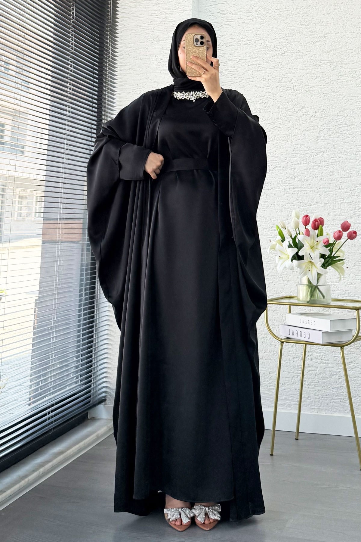 Premium Taş İşlemeli Kum Saten Abaya Takım - Siyah