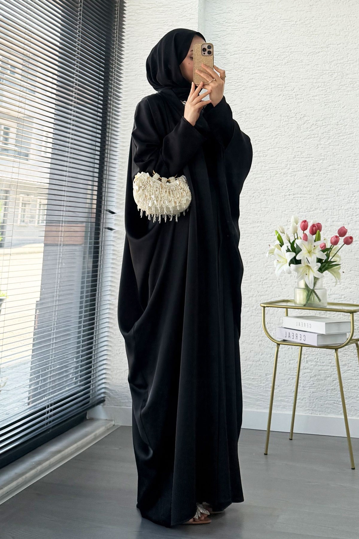 Premium Taş İşlemeli Kum Saten Abaya Takım - Siyah