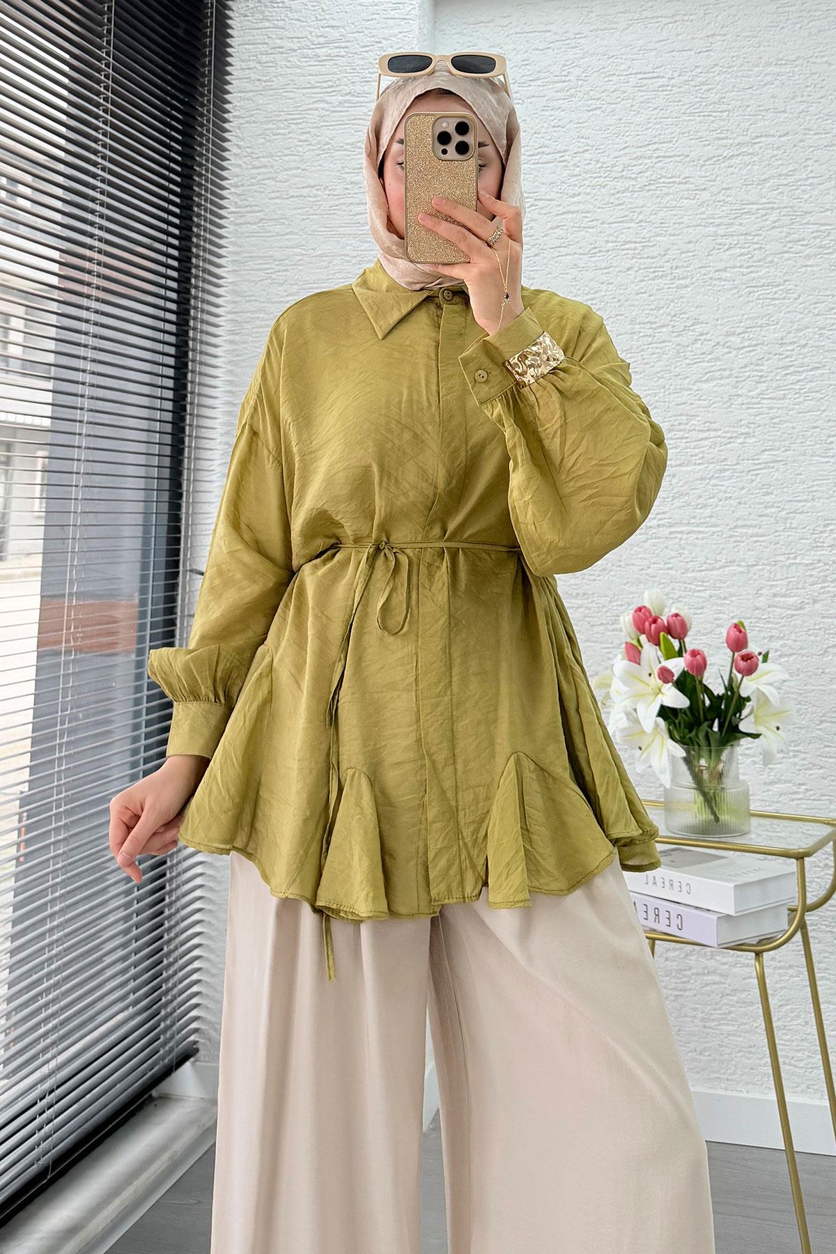 Premium Tasarım Etek Volanlı Vual Tunik - Yağ Yeşili