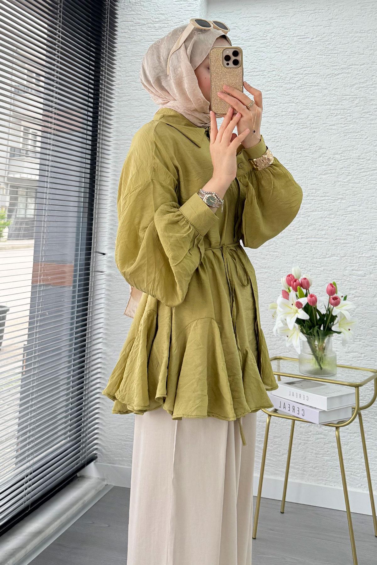 Premium Tasarım Etek Volanlı Vual Tunik - Yağ Yeşili