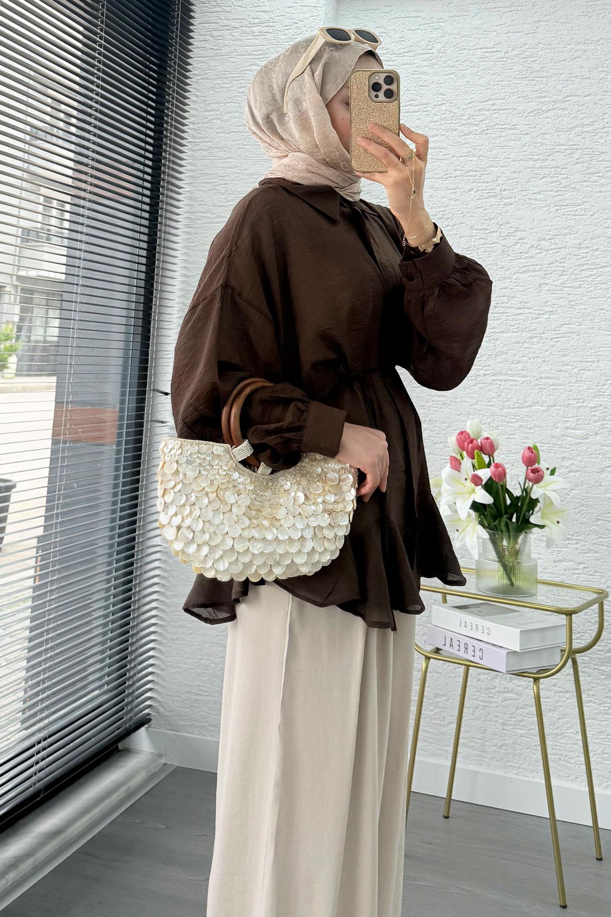 Premium Tasarım Etek Volanlı Vual Tunik - Kahverengi