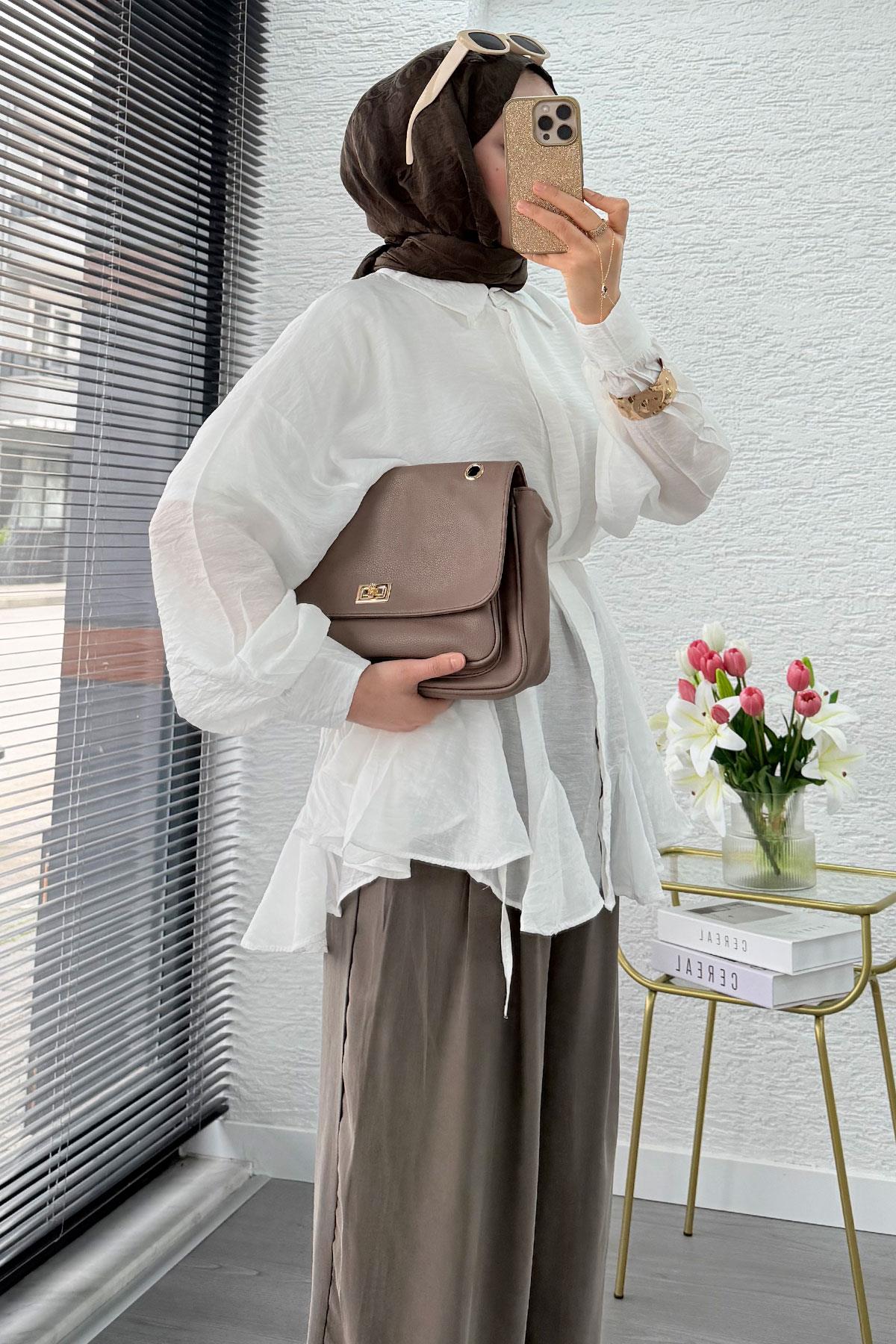 Premium Tasarım Etek Volanlı Vual Tunik - Beyaz