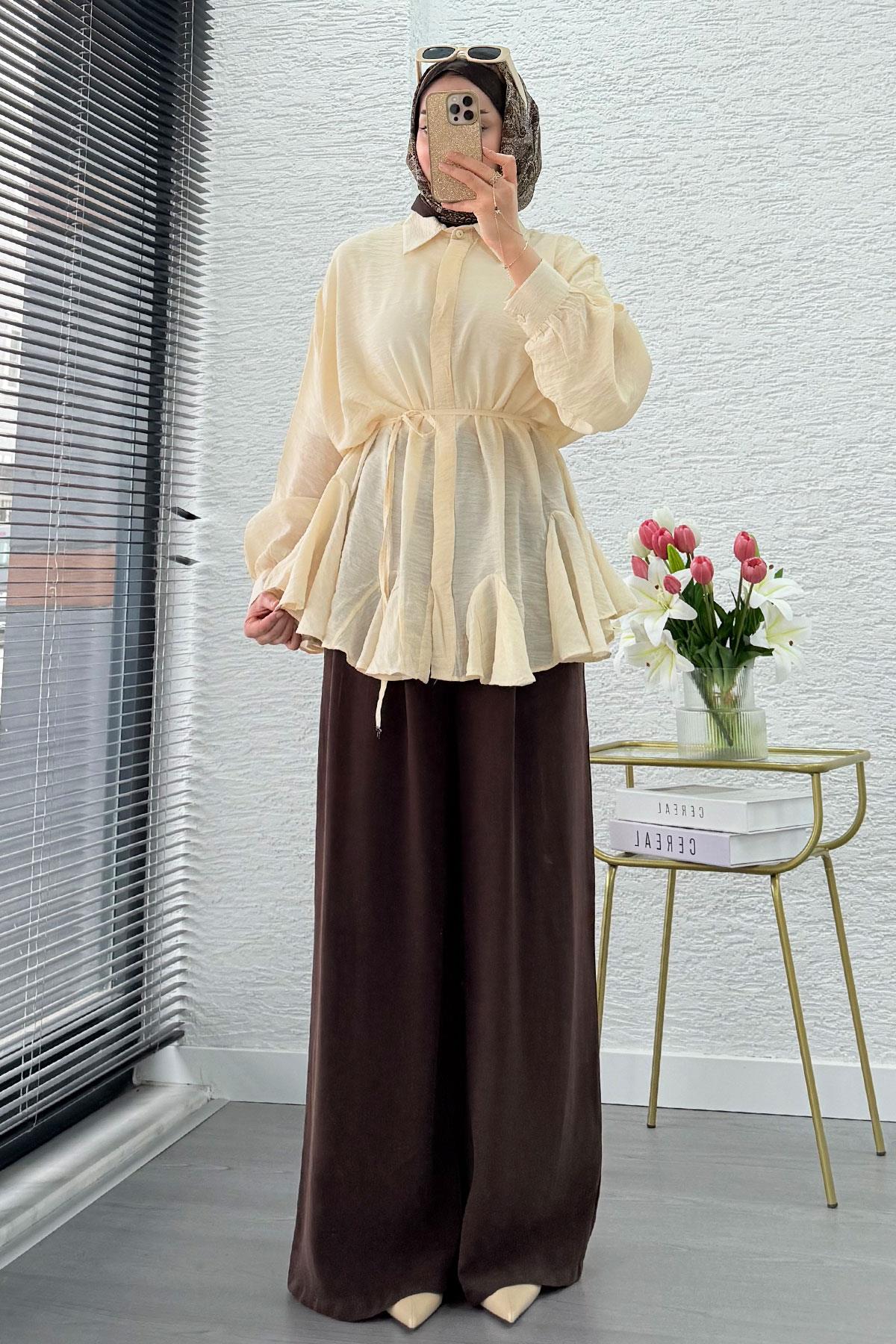 Premium Tasarım Etek Volanlı Vual Tunik - Krem