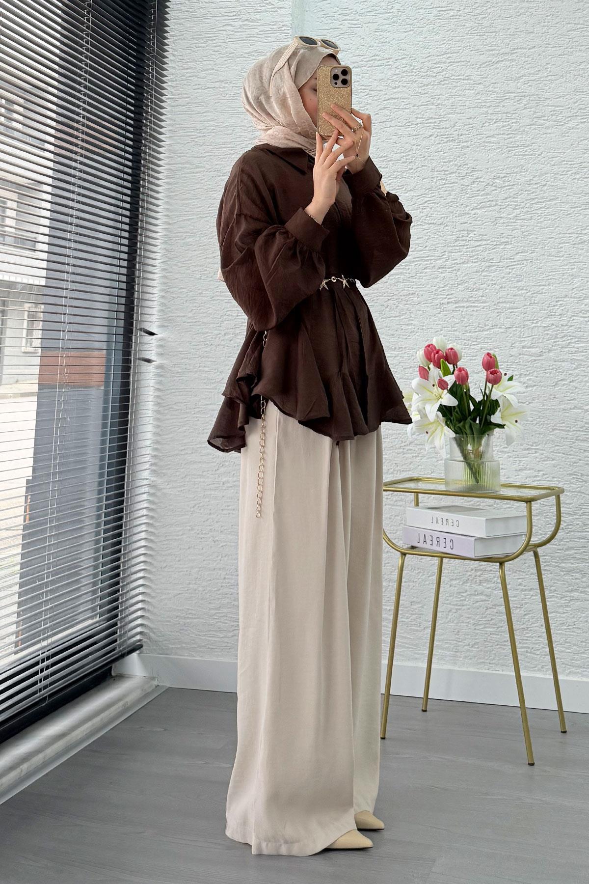 Premium Tasarım Etek Volanlı Vual Tunik - Kahverengi