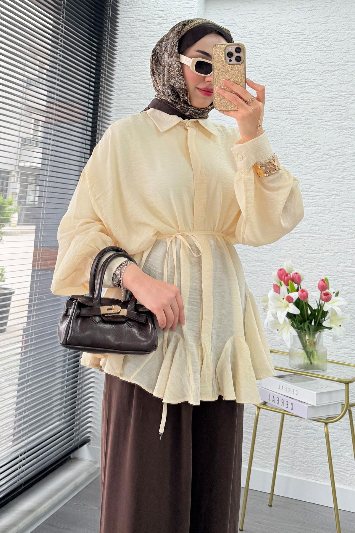 Premium Tasarım Etek Volanlı Vual Tunik - Krem