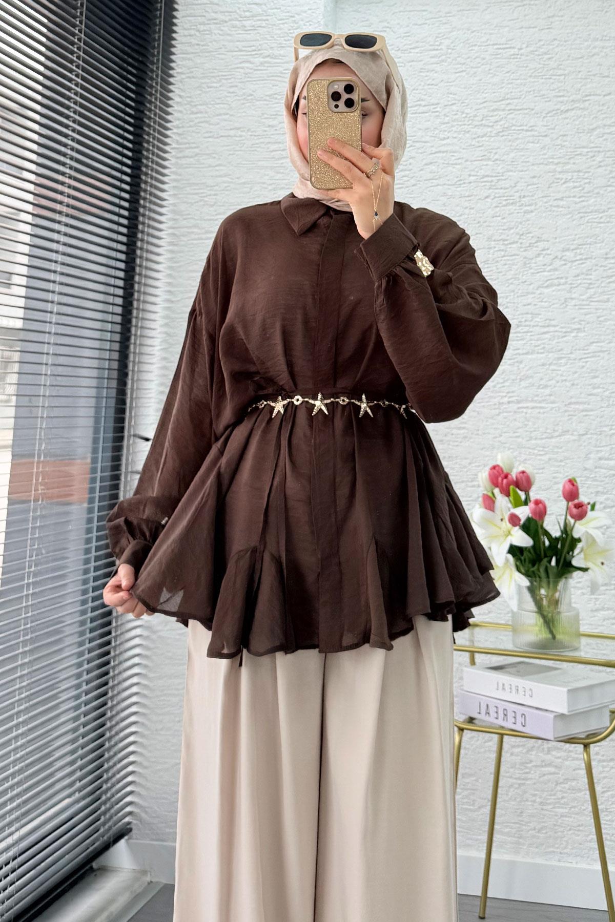 Premium Tasarım Etek Volanlı Vual Tunik - Kahverengi