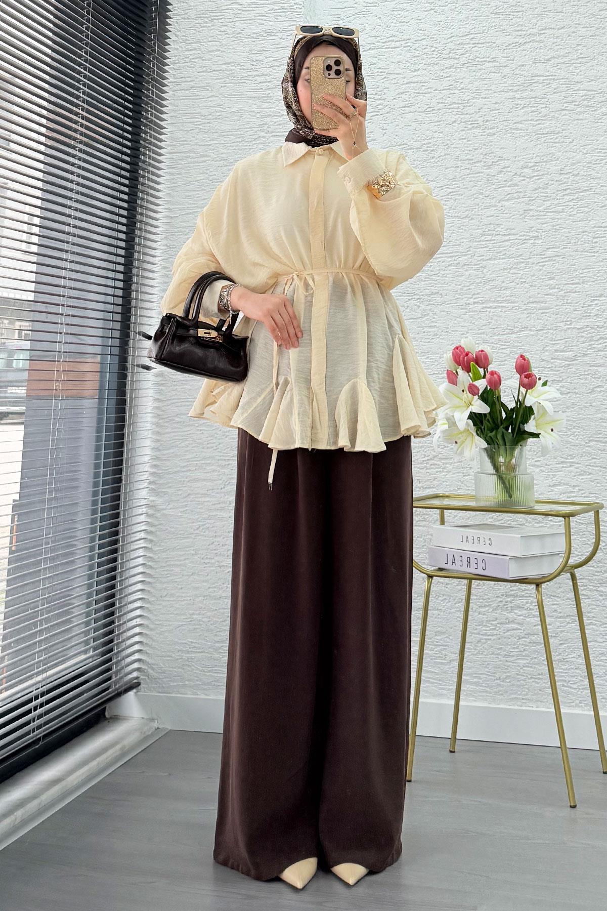 Premium Tasarım Etek Volanlı Vual Tunik - Krem