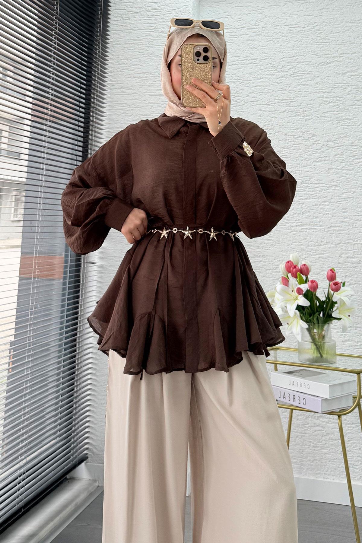 Premium Tasarım Etek Volanlı Vual Tunik - Kahverengi