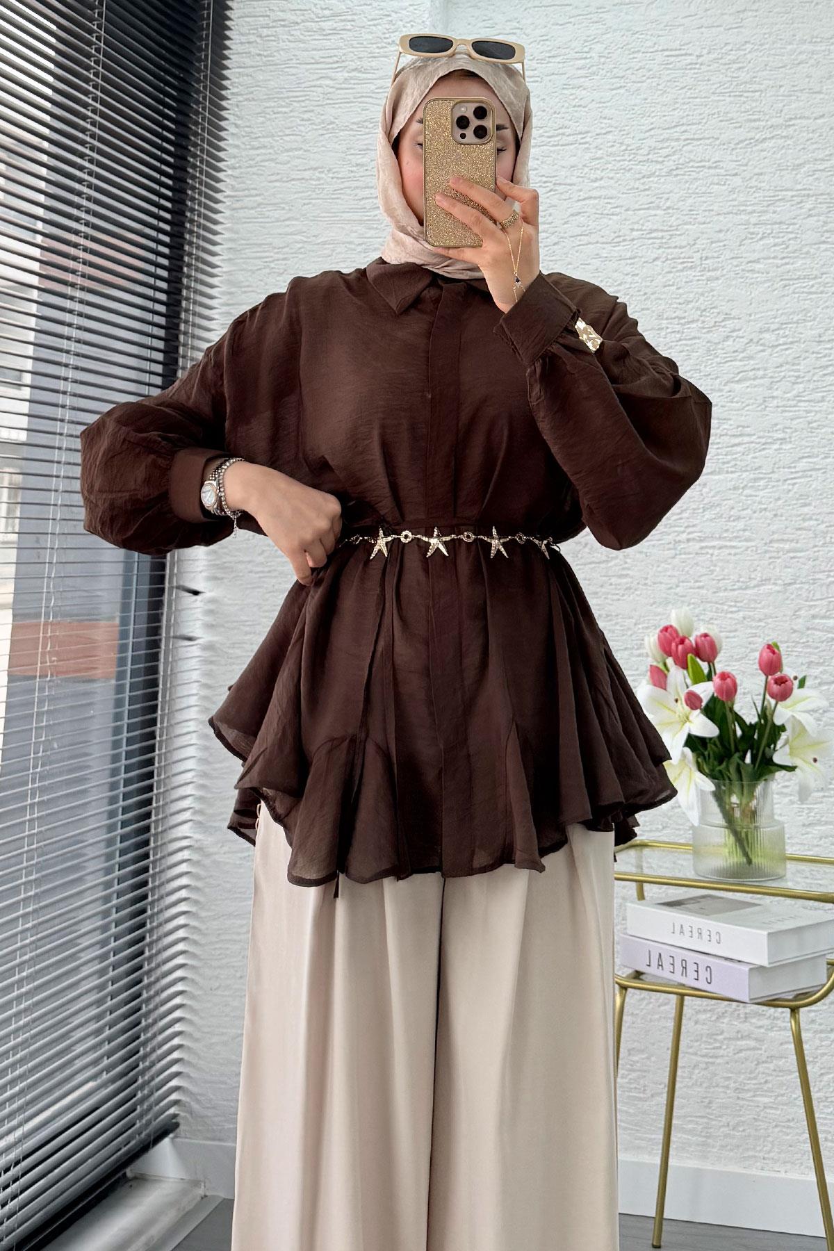 Premium Tasarım Etek Volanlı Vual Tunik - Kahverengi
