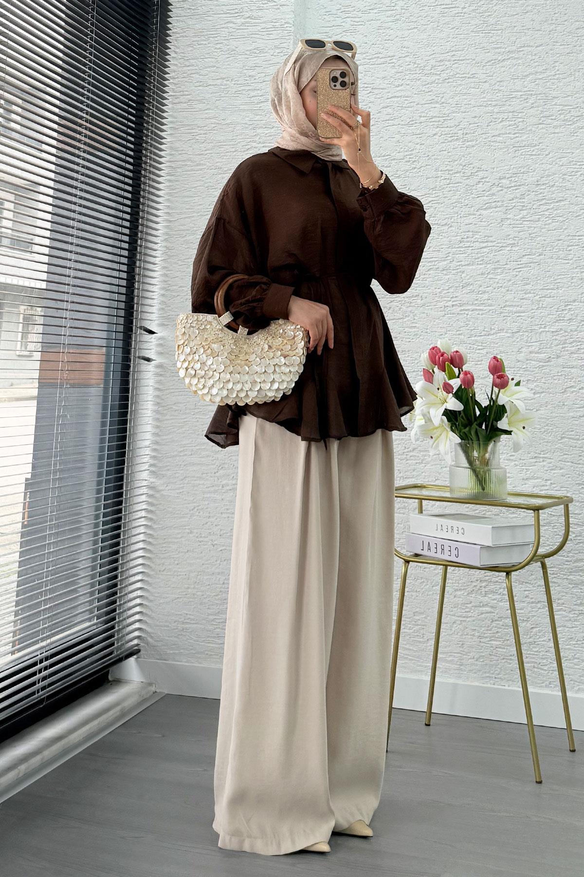 Premium Tasarım Etek Volanlı Vual Tunik - Kahverengi