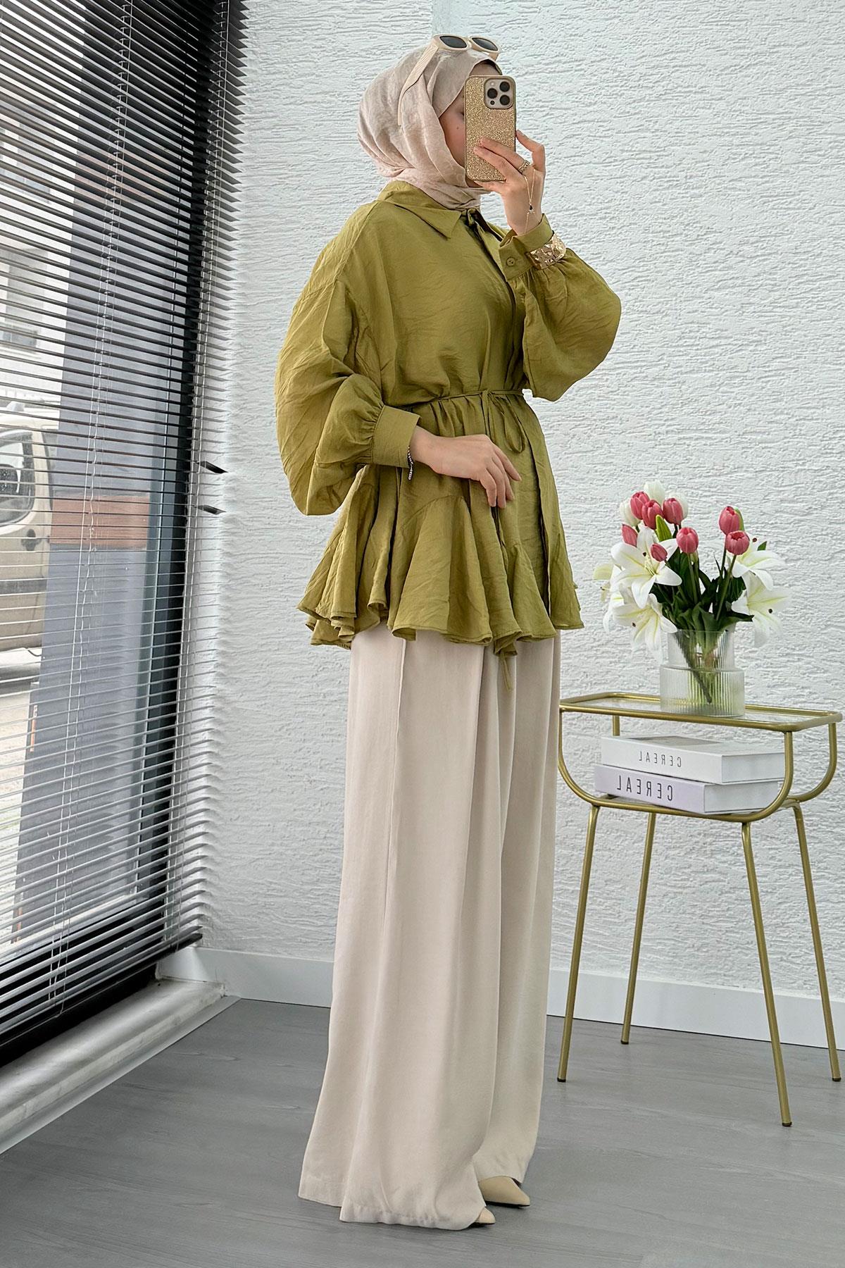 Premium Tasarım Etek Volanlı Vual Tunik - Yağ Yeşili