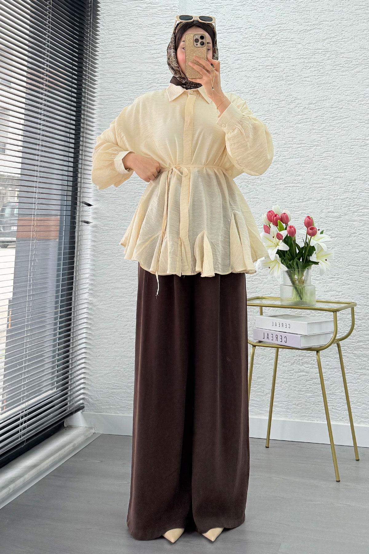 Premium Tasarım Etek Volanlı Vual Tunik - Krem