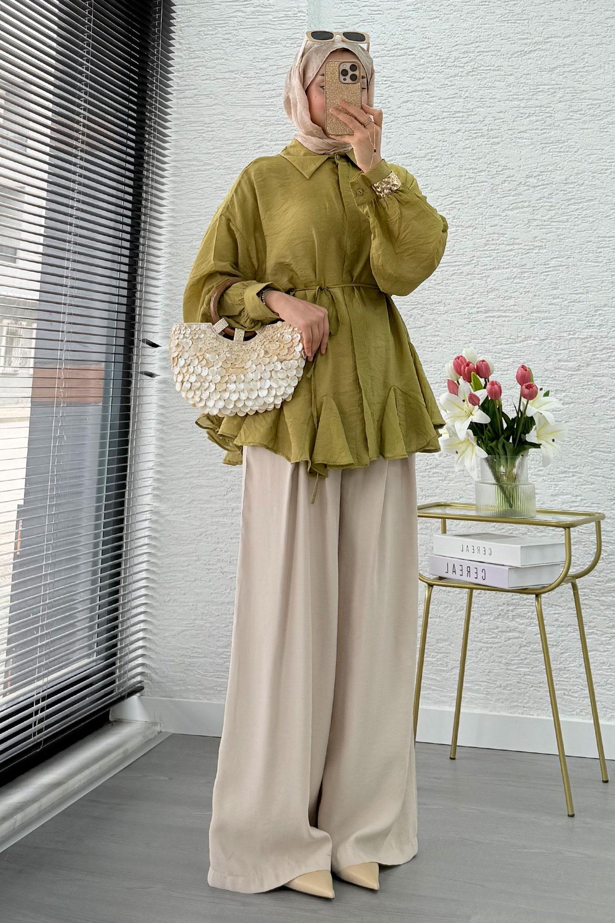 Premium Tasarım Etek Volanlı Vual Tunik - Yağ Yeşili