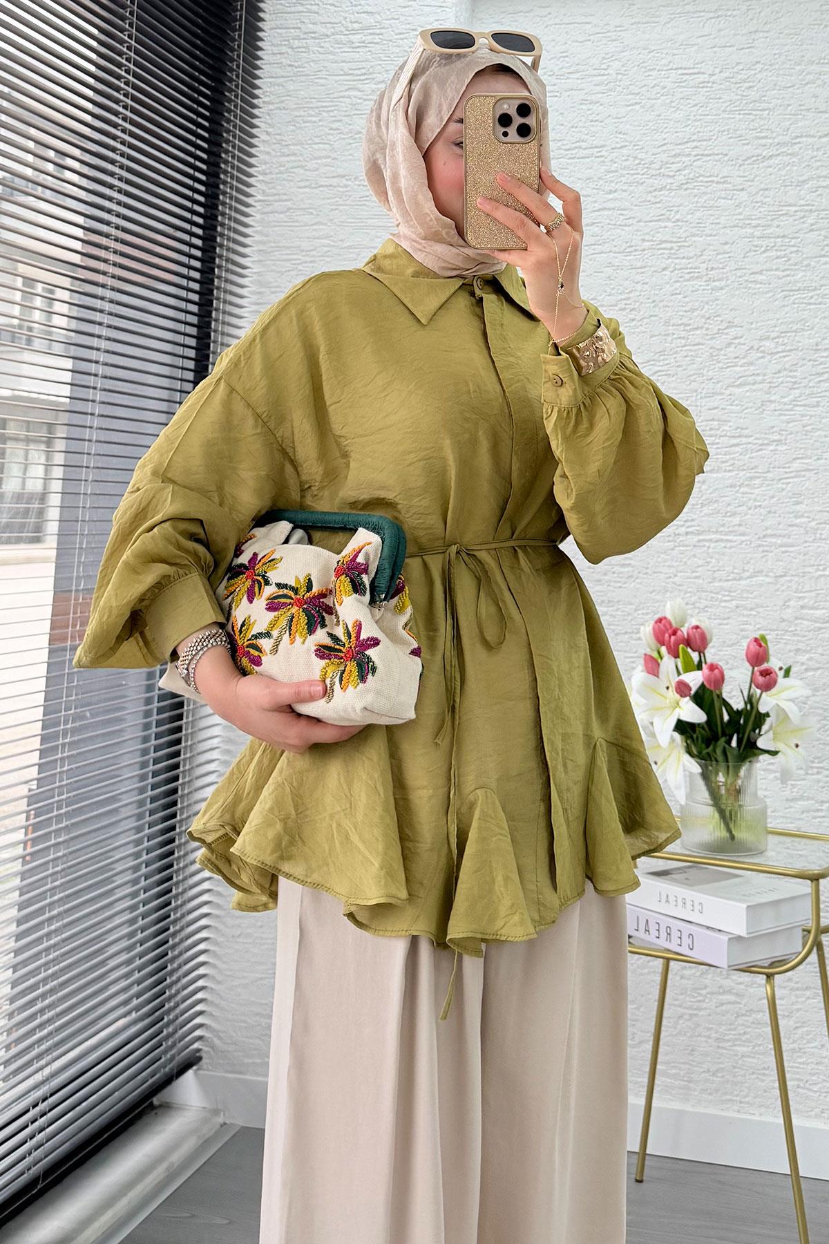 Premium Tasarım Etek Volanlı Vual Tunik - Yağ Yeşili