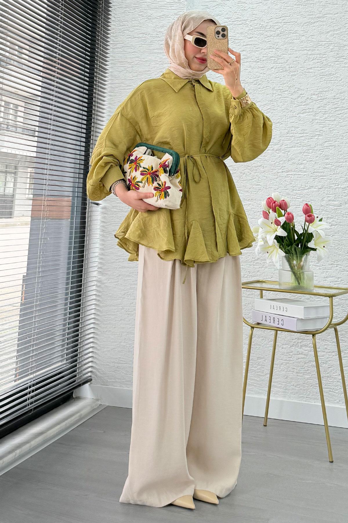 Premium Tasarım Etek Volanlı Vual Tunik - Yağ Yeşili