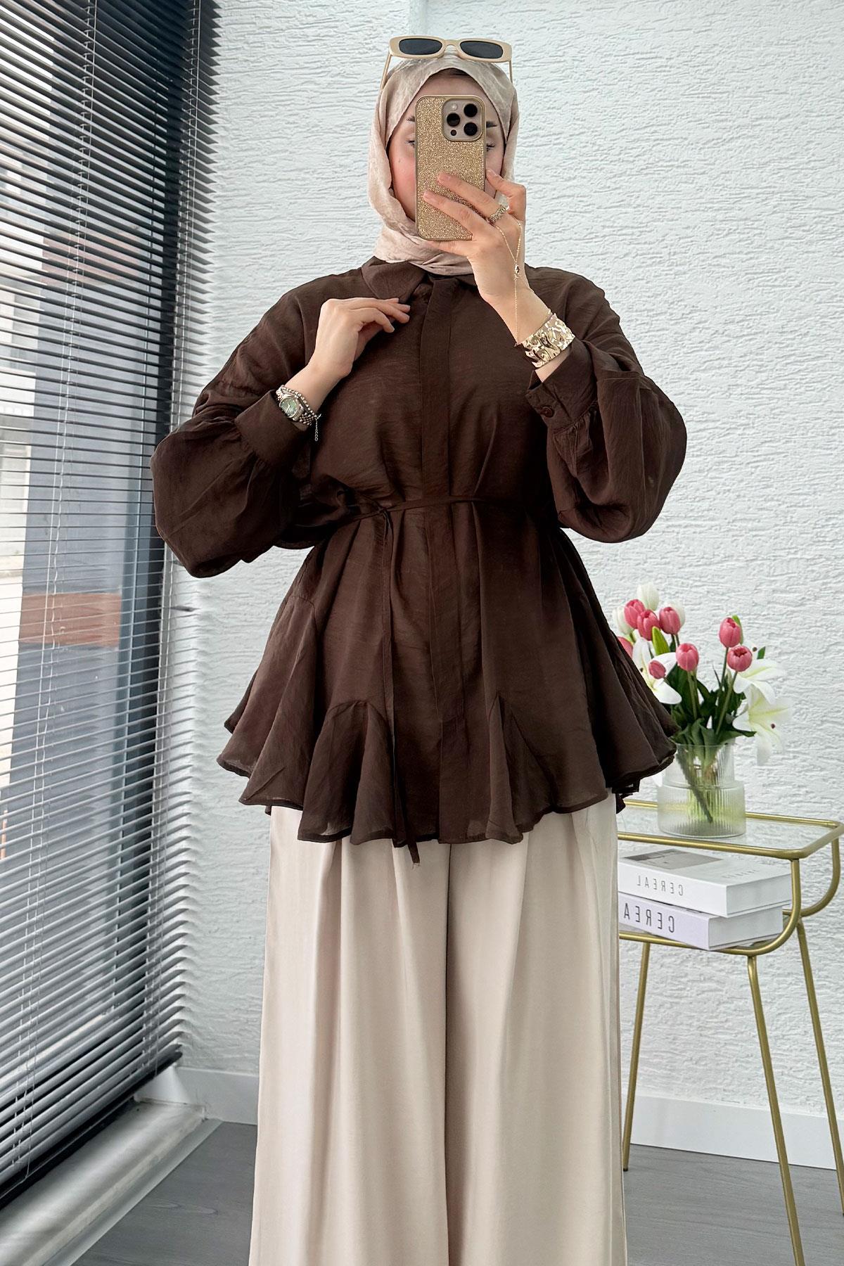 Premium Tasarım Etek Volanlı Vual Tunik - Kahverengi