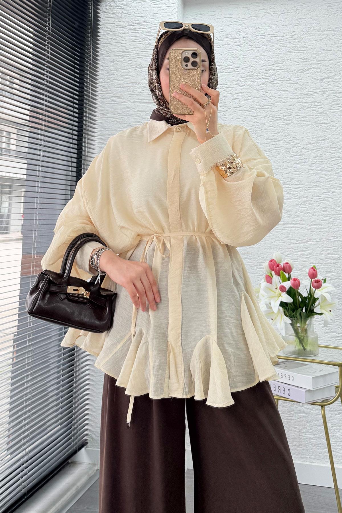 Premium Tasarım Etek Volanlı Vual Tunik - Krem