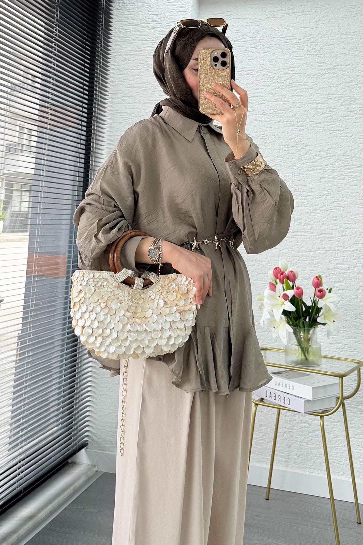 Premium Tasarım Etek Volanlı Vual Tunik - Haki