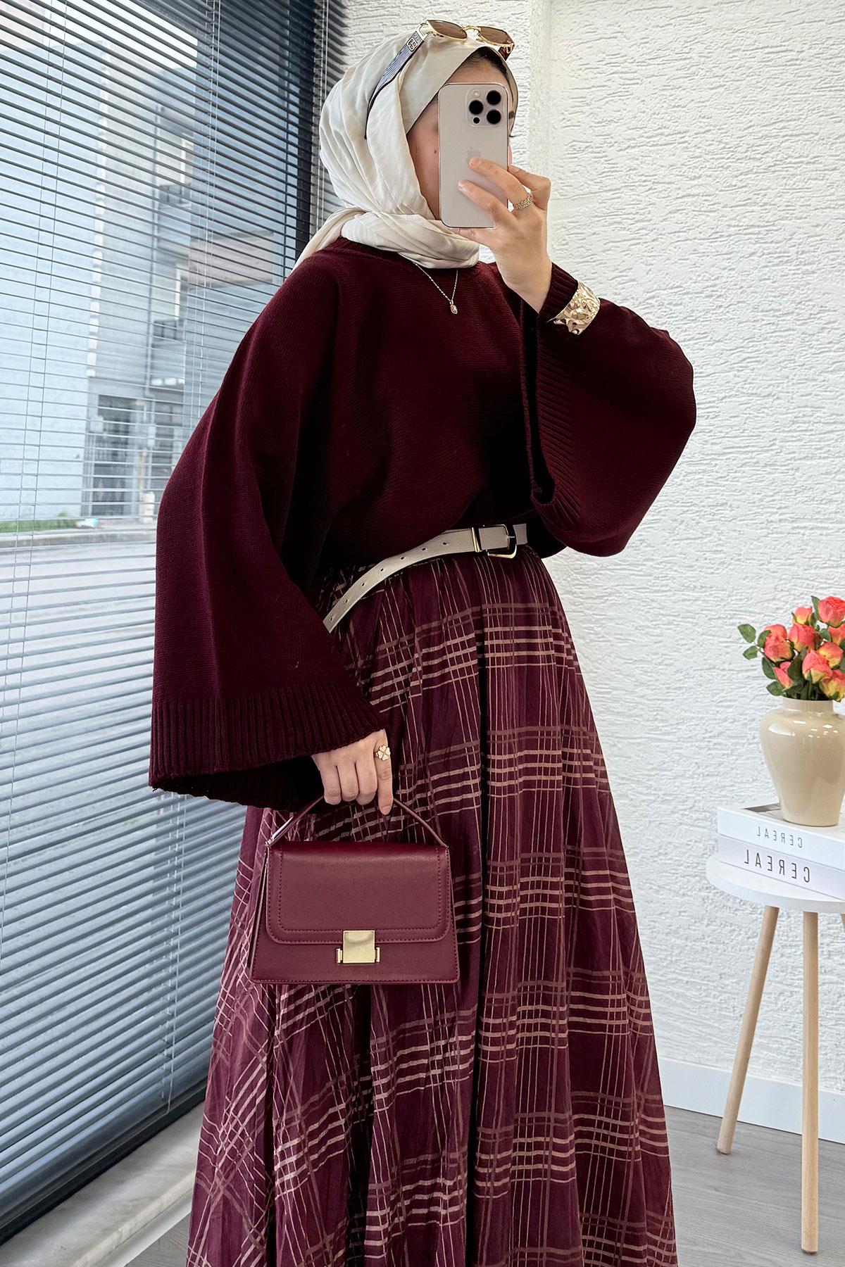 Premium Vual Ekose Desenli Lastikli Bel Kloş Etek - Bordo